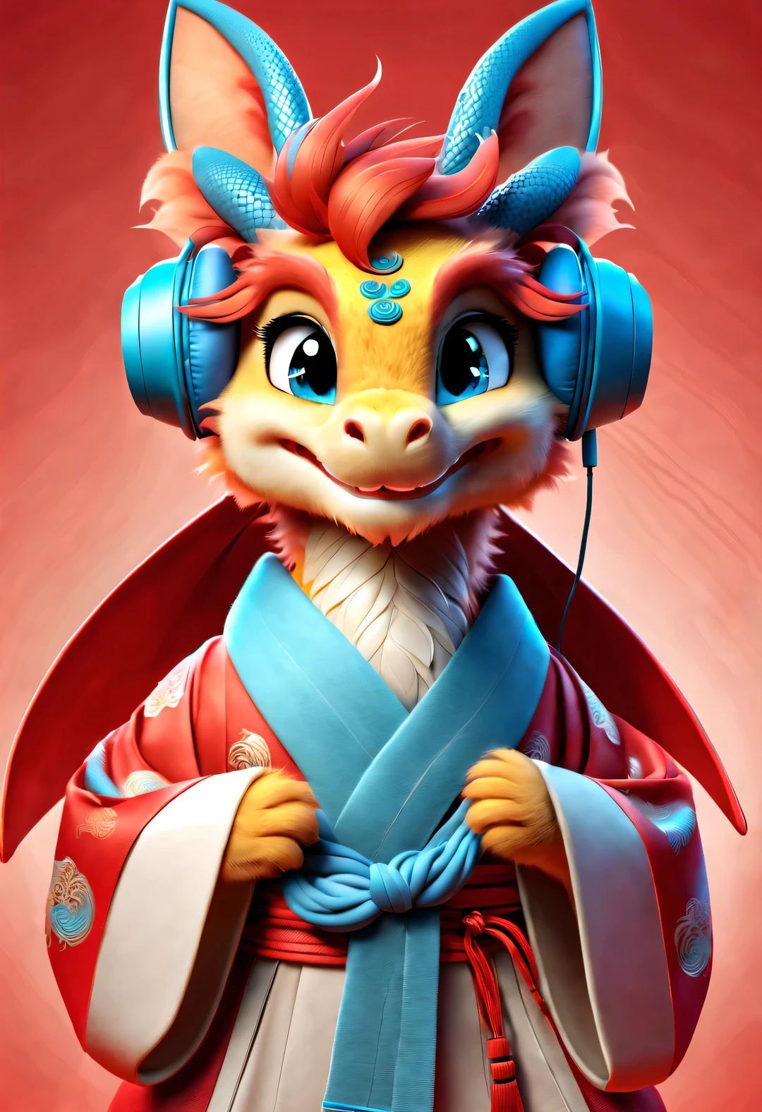 3d rendering, realistic fur, red wallpaper, Simple modern style, beautiful wallpaper, magazine design style, portrait, half body portrait,
Cute zodiac dragons, Personified as a cute little dragon, Smiling mischievously while wearing big blue headphones. it has a slightly tilted head, big blue eyes, Wearing red Hanfu with orange fur. (Wearing earphones), (looking at camera), Traditional clothing combined with modern equipment, (background: Many colorful notes are dancing: 0.65),