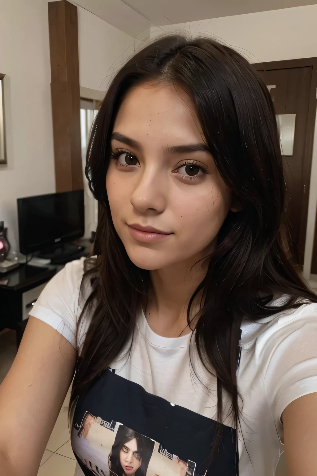 fotos del rostro de la chica tomadas con una selfie casual en casa con remera negra