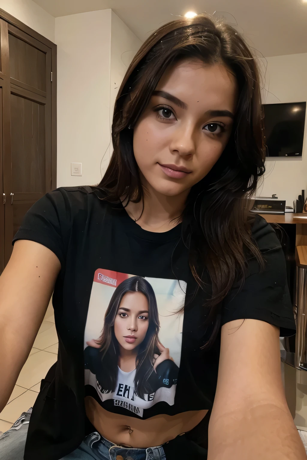 fotos del rostro de la chica tomadas con una selfie casual en casa con remera negra