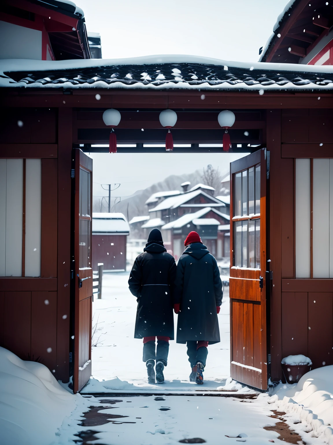 Northeast China rural area,Snowing day,Through the simple rural gate,Farmer couple preparing to go out in the early morning sunshine,Couple in coarse clothes