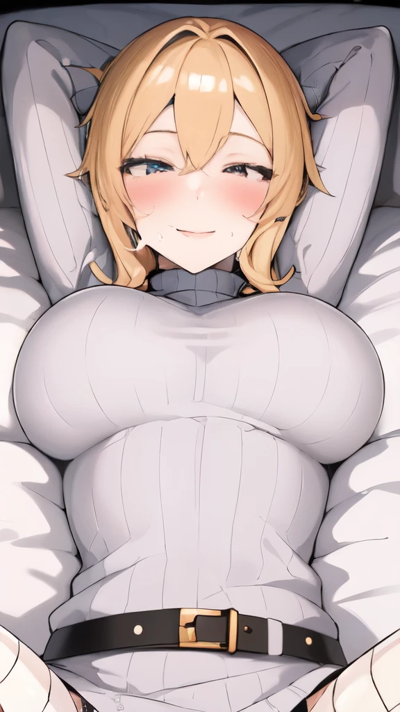 /(bedroom /), 1lady solo, mature female, /(Vネックセーター、 ribbed sweater dress/), bangs, blush kind smile, (masterpiece best quality:1.2) delicate illustration ultra-detailed, large breast、 (Squeaky_smile), (lying down), spread Legs, arms_up, show armpit,  ((cum_on_face)), ベッドの上、bedroom、milf, 大きな胸の谷間、深夜、夜の部屋、消灯、灯りの無い、薄暗い部屋、garter belt & fishnet tights