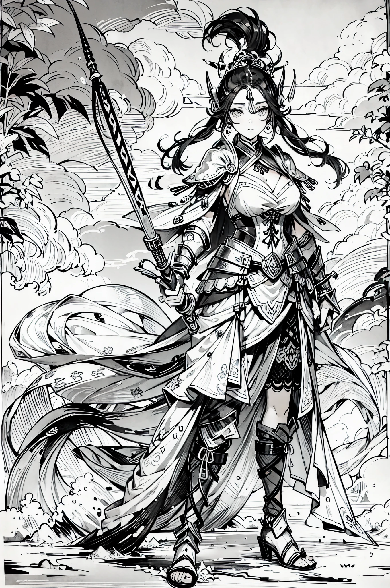 monochrome,ink painting,1 Puppet female warrior,Clear line, masterpiece