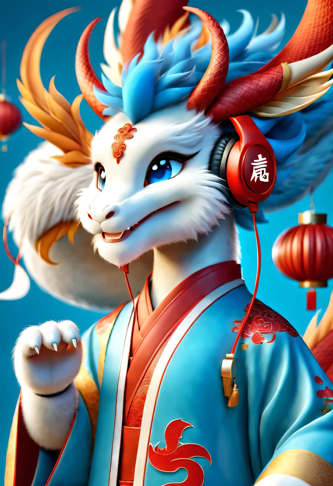 3d rendering, realistic fur, (red wallpaper), Simple modern style, beautiful wallpaper, magazine design style, portrait, half body portrait,
(A cute zodiac dragon,with an anthropomorphic avatar,Wearing big blue headphones,Smiling mischievously.) It tilted its head slightly, blue eyes, Wearing red Hanfu, orange fur, (Wearing earphones), (looking at camera), Traditional clothing combined with modern equipment, (background: fly in the sky, Many colorful music symbols: 0.65),