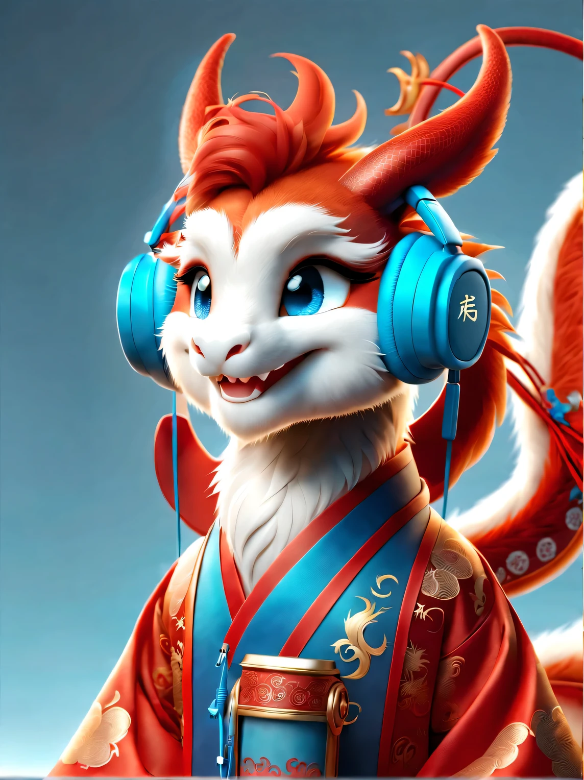 3d rendering, realistic fur, (red wallpaper), Simple modern style, beautiful wallpaper, magazine design style, portrait, half body portrait,
(A cute zodiac dragon，with an anthropomorphic avatar，Wearing big blue headphones，Smiling mischievously.) It tilted its head slightly, blue eyes, Wearing red Hanfu, orange fur, (Wearing earphones), (looking at camera), Traditional clothing combined with modern equipment, (background: fly in the sky, Many colorful music symbols: 0.65),