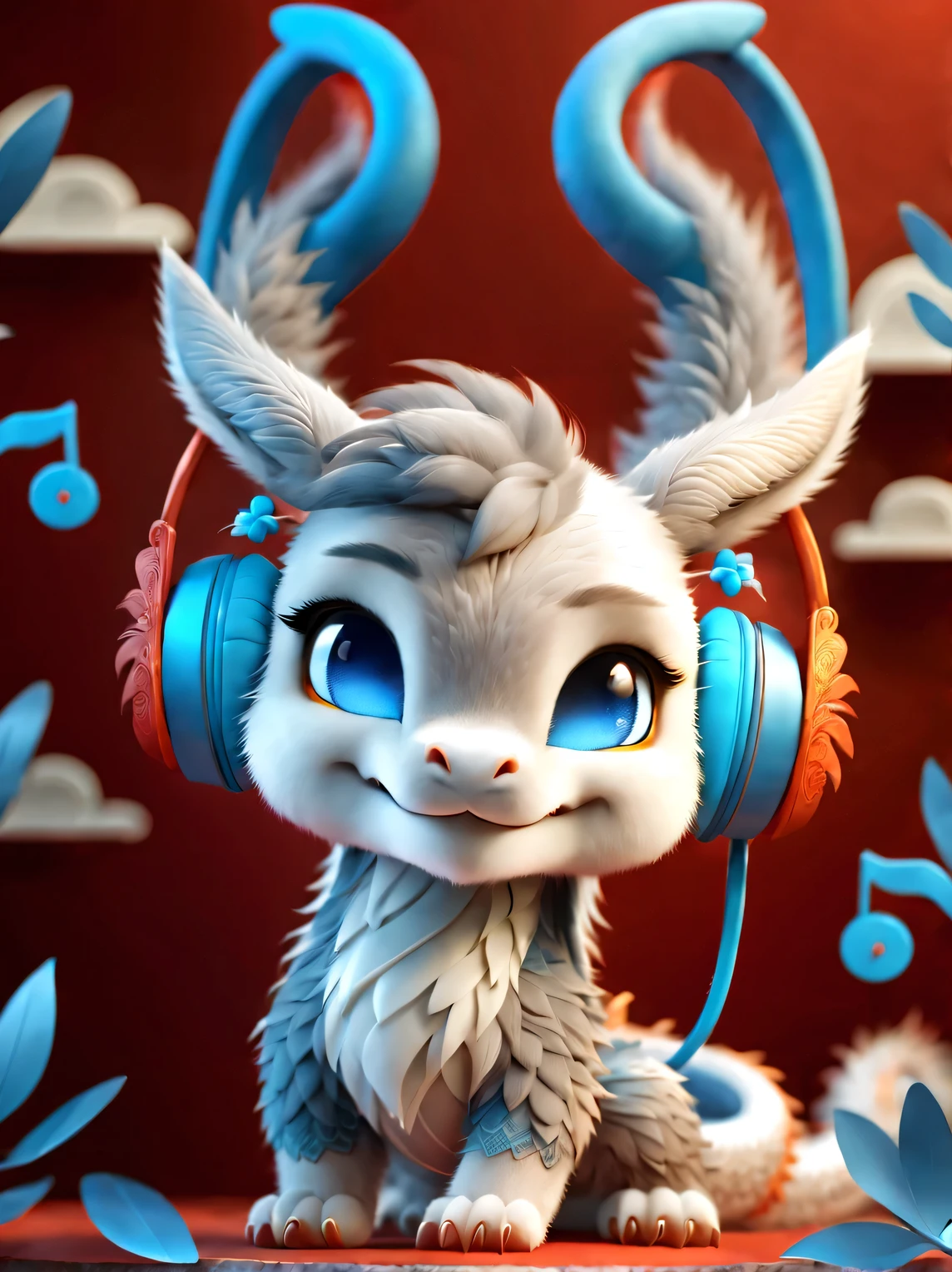 3d rendering, realistic fur, (red wallpaper), Simple modern style, beautiful wallpaper, magazine design style, portrait, half body portrait,
(A cute zodiac dragon，with an anthropomorphic avatar，Wearing big blue headphones，Smiling mischievously.) It tilted its head slightly, blue eyes, Wearing red Hanfu, orange fur, (Wearing earphones), (looking at camera), Traditional clothing combined with modern equipment, (background: fly in the sky, Many colorful music symbols: 0.65),
