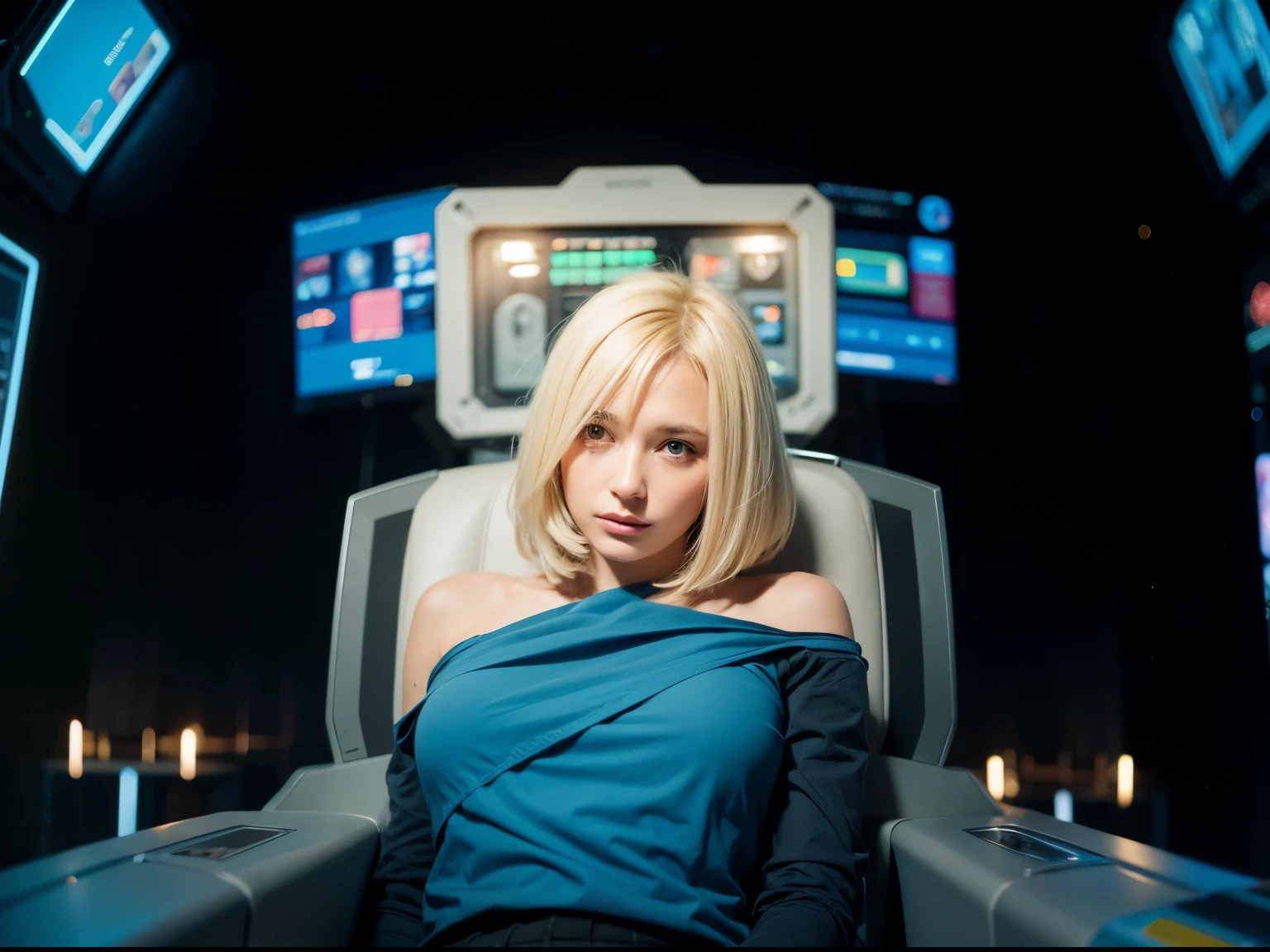 blond woman looking sad in the seat of a space machine
