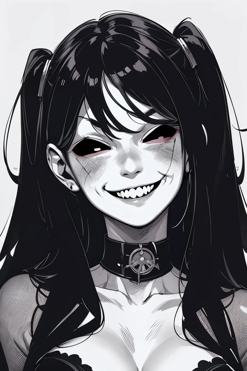 best quality, monochrome ink style drawing, manga girl, bad mood, jitome, crazy smile, black eyes, black mouth, huge-mouth, grinning evil, gapmoe, yandere, grim dark, horror manga, grinning lasciviously, malevolent smile, uncanny smile, horror smile, creepy smile, horrifying grin, horror, evil grin, evil smirk, unsettling grin, teasing smile, professional lighting