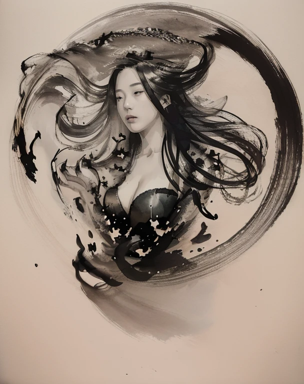(extremadamente detallado, obra maestra, La mejor calidad), Estilo oscuro, intense illumination, rostro con arrugas, mujer crucificada, tentacle, monstruoso, interior de una piscina de agua, imagen submarina, alien con Colmillos finos. manchas de tinta. Rococo composition. Luz de caravaggio