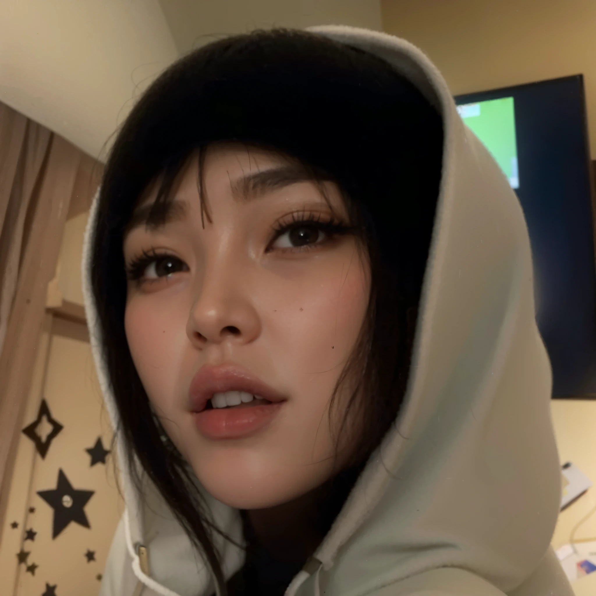 arafed woman with a hoodie on taking a selfie, black haired girl wearing hoodie, she has black hair with bangs, in a hoodie, girl wearing hoodie, cyberpunk anime girl in hoodie, belle delphine, in a black hoodie, wearing a hood with pointy ears, tiktok video, she is facing the camera, black hair and white bangs, blackpink lisa, nlackpink jennie