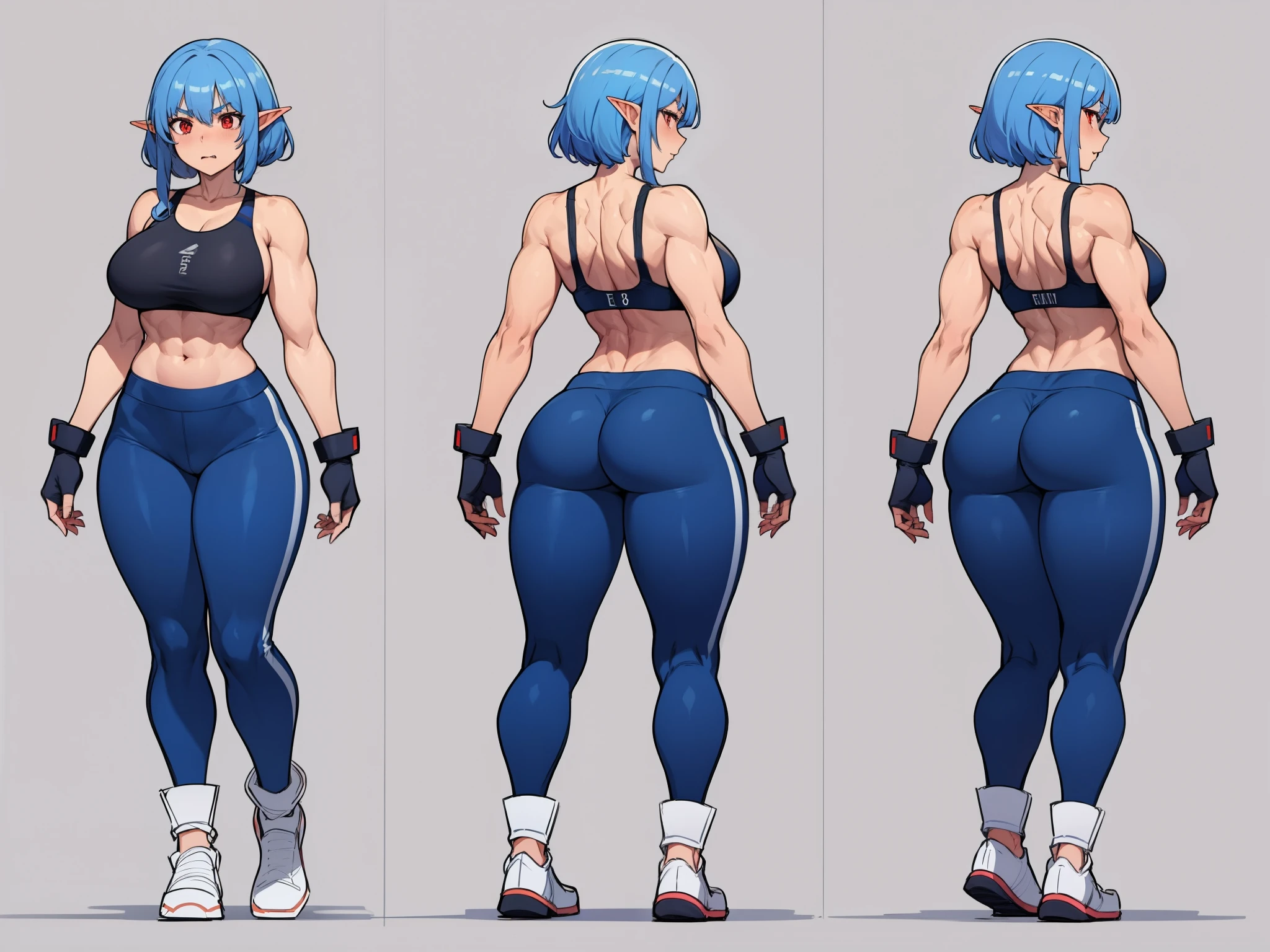 Dark elf woman, dark skin, red eyes, blue hair, fangs, huge breasts, long muscular shapely legs, combat gloves, tight sports bra, tight lycra pants, 8k, hd, masterpiece, white background, full body, character design sketch in various perspectives, rear, front, 3 /4, profile