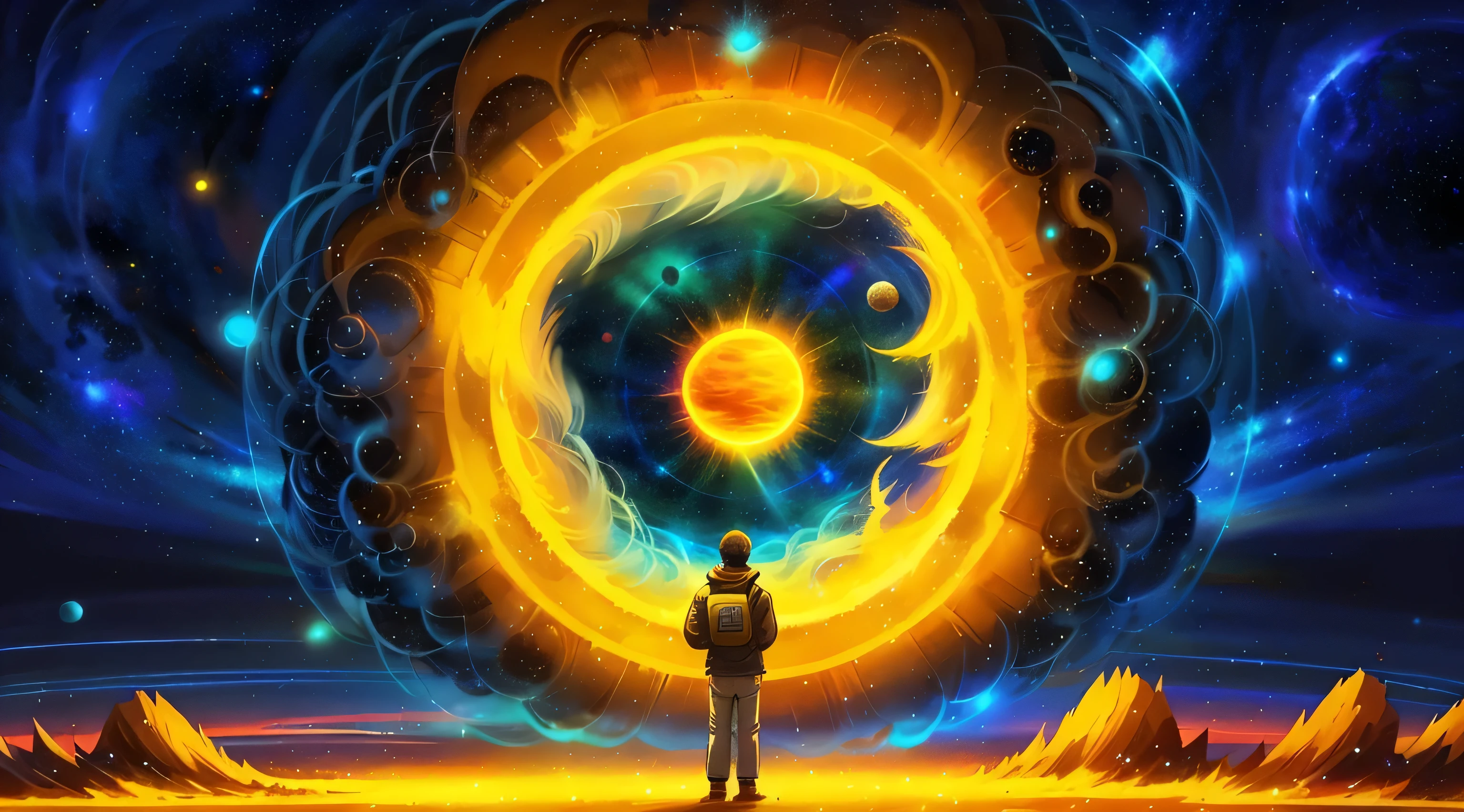 Man standing in front of space portal with sun visible, Cyril Rolando and Goro Fujita, A gateway to another universe, Works inspired by Cyril Rolando, a portal to another dimension, A world that can only be seen through a portal, High Quality Fantasy Stock Photography, gateway to another world, door to space, Cyril Rolando style, looking out into space