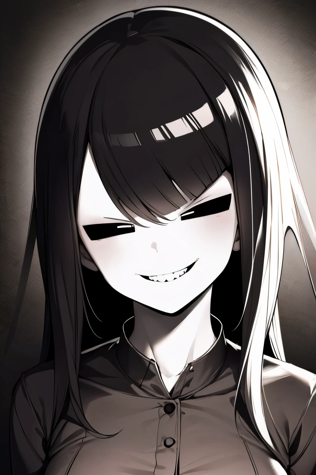 best quality, monochrome ink style drawing, manga girl, bad mood, jitome, crazy smile, black eyes, black mouth, huge-mouth, grinning evil, gapmoe, yandere, grim dark, horror manga, grinning lasciviously, malevolent smile, uncanny smile, horror smile, creepy smile, horrifying grin, horror, evil grin, evil smirk, unsettling grin, teasing smile, professional lighting