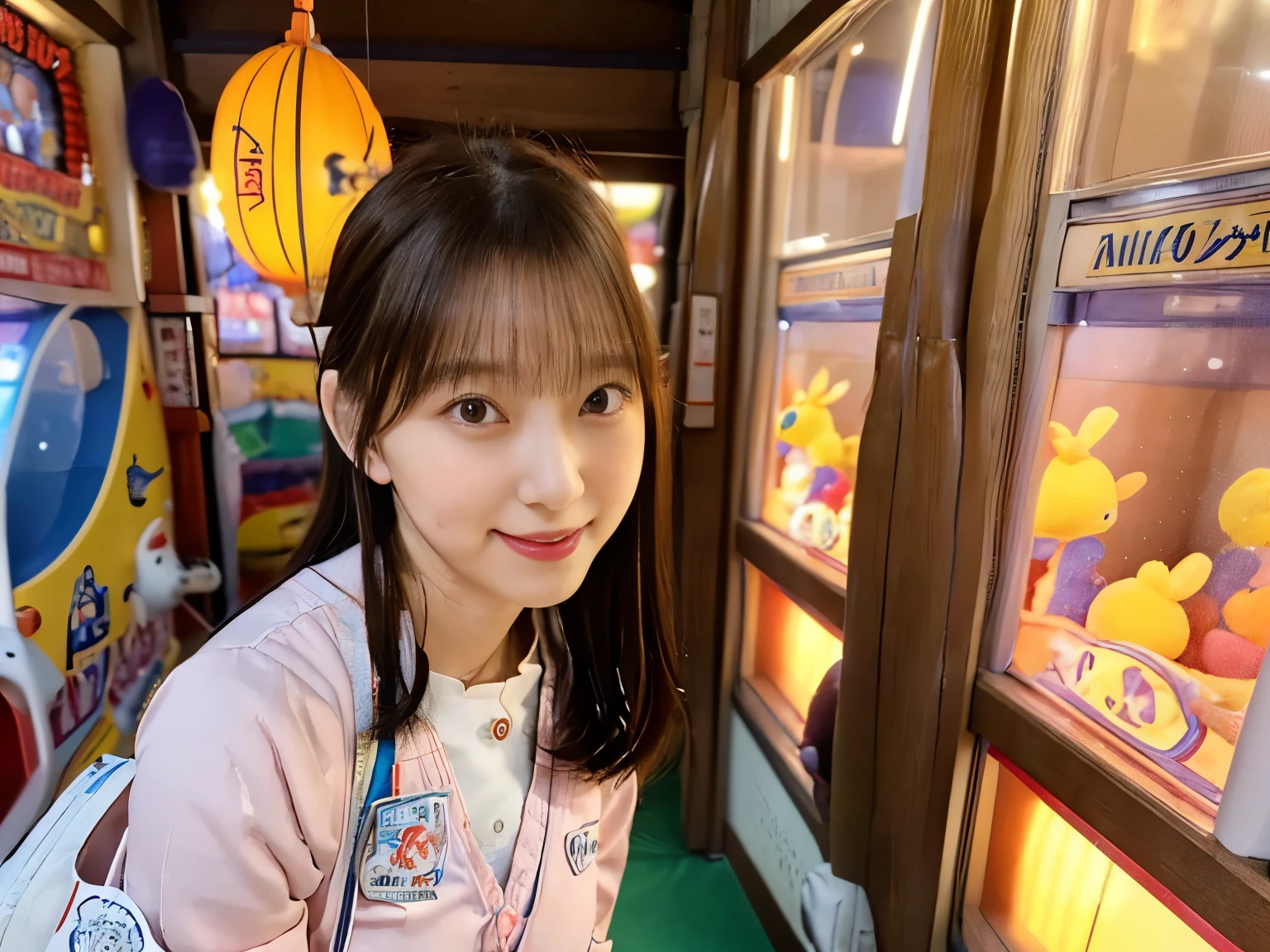 (8K, highest quality, masterpiece, ultra high resolution, super detailed:1.2) , Photo of Pretty Japanese girls,(mikey&#39;s ears:1.2),school uniform,smile and smile,
, (18-year-old:1.1), japanese idol,In the game center,(((A passageway with crane games on both sides))),Mainly stuffed animal crane games,UFO Catcher