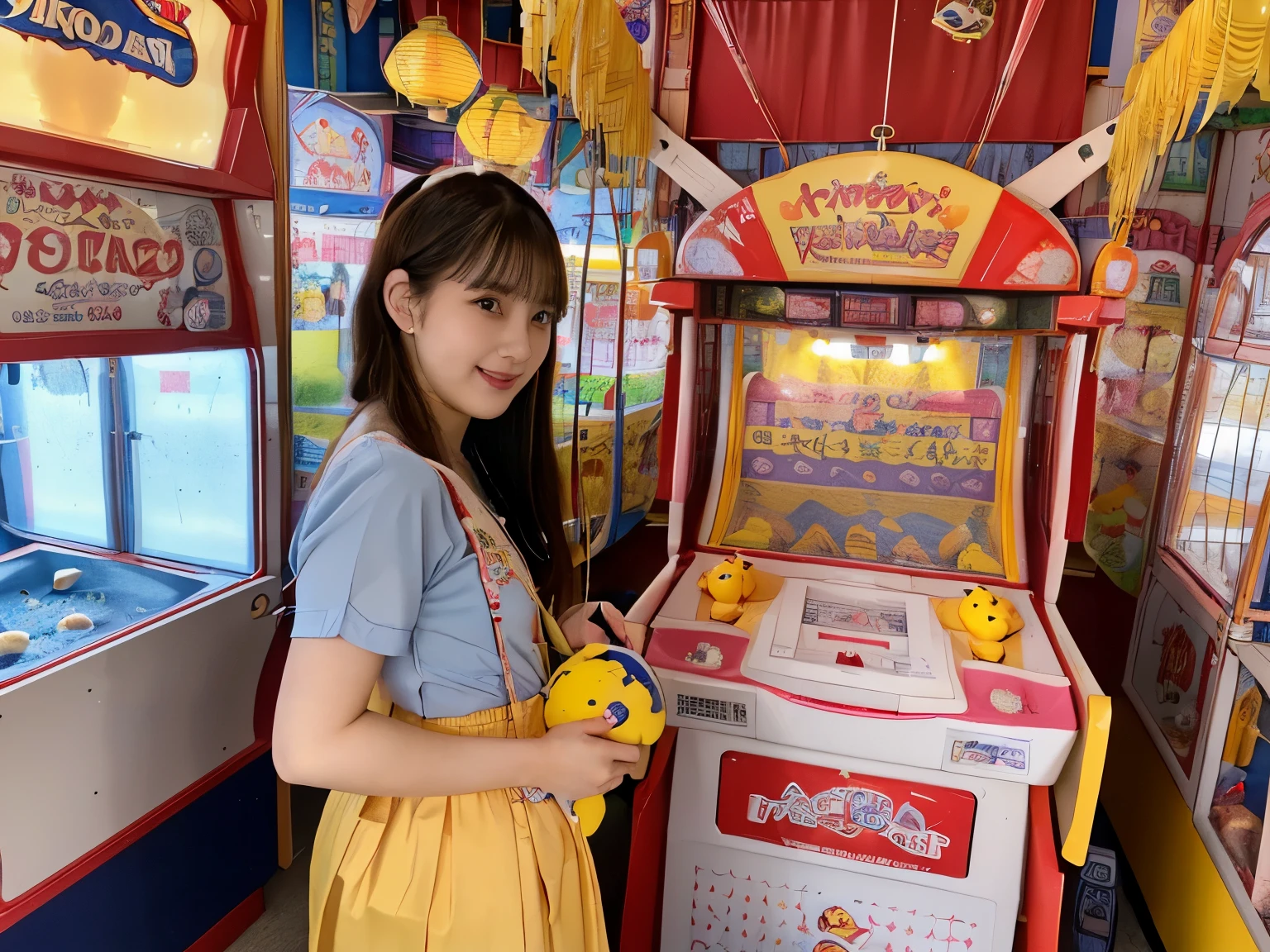 (8K, highest quality, masterpiece, ultra high resolution, super detailed:1.2) , Photo of Pretty Japanese girls,(mikey&#39;s ears:1.2),school uniform,smile and smile,
, (18-year-old:1.1), japanese idol,In the game center,(((A passageway with crane games on both sides))),Mainly stuffed animal crane games,UFO Catcher