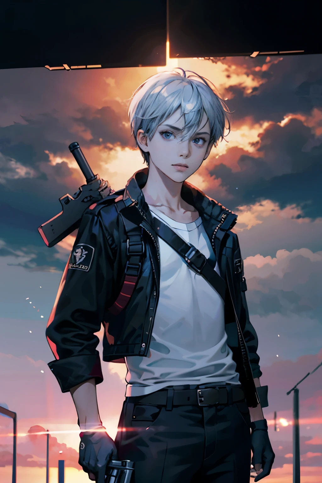 1 boy,(a 13 year old boy:1.5)、The protagonist in anime style、Cyberpunk boy、Outfit in black、silver hair、machine guns、hand gun、Bloody all over、The beginning of the adventure、A lot of clouds,Dense fog、lightning、moon,chaotic city of the future、dystopian、dim lights、chaotic、Beautiful and dreamy scenery、Scenes、high quality、on the table,8K、high resolution、