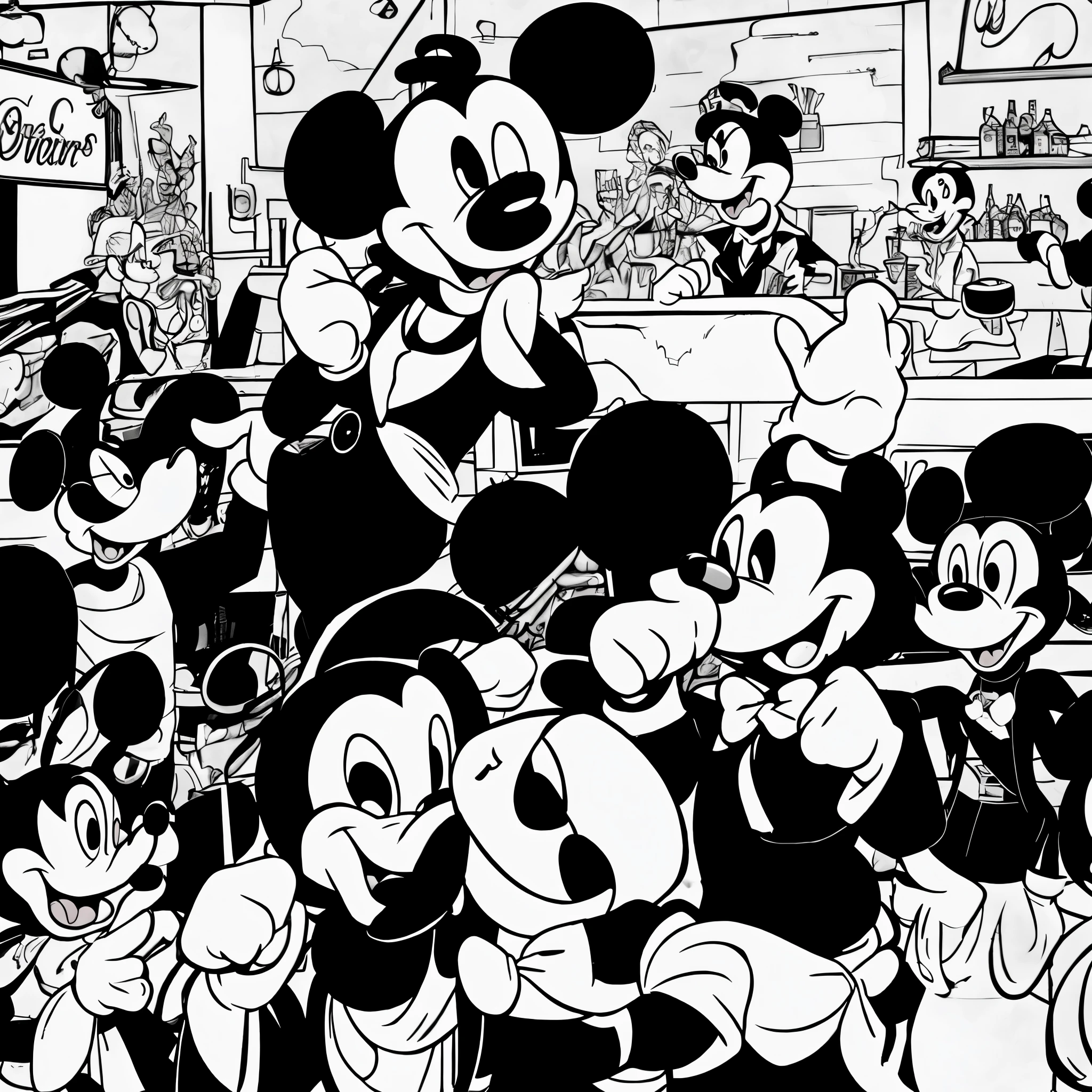 a black and white ink style character resembling 1928 mickey mouse is drinking beer and singing with a few friends in a bar