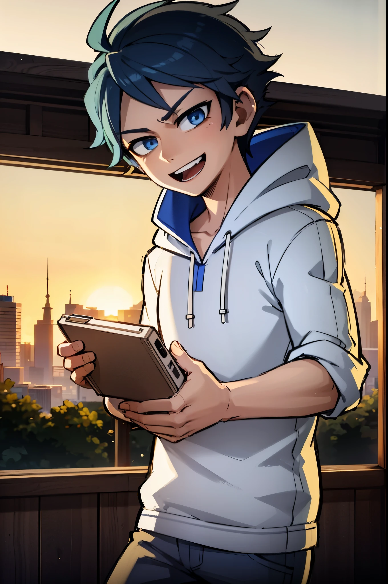 young boy, blue hair, blue eyes, white t-shirt, moleton, white hood, , jeans pants, blue jeans, in a snowly city, smiling, sunset, 4k, masterpiece, detailed,
