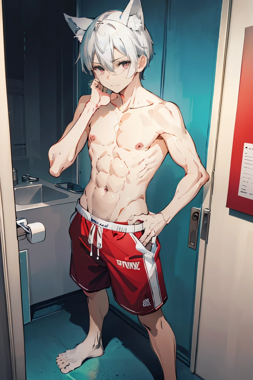Wallpaper phone，masterpiece，best quality，8K quality，unparalleled clarity，best strokes，full body character，panoramic，telephoto lens， delicate face，Boys have very delicate fingers，sports student，Handsome boy，charming，，Shota，abdominal muscles（0.5），anime characters，white fox ears，heterochromatic eyes，look at the audience，sneering，male focus，Gray hair is messy，Take a shower in the shower，not wearing tops，Wearing only red shorts，standing posture，The crotch is raised，Place a hand on your face，Look from the bottom up，Clear background image