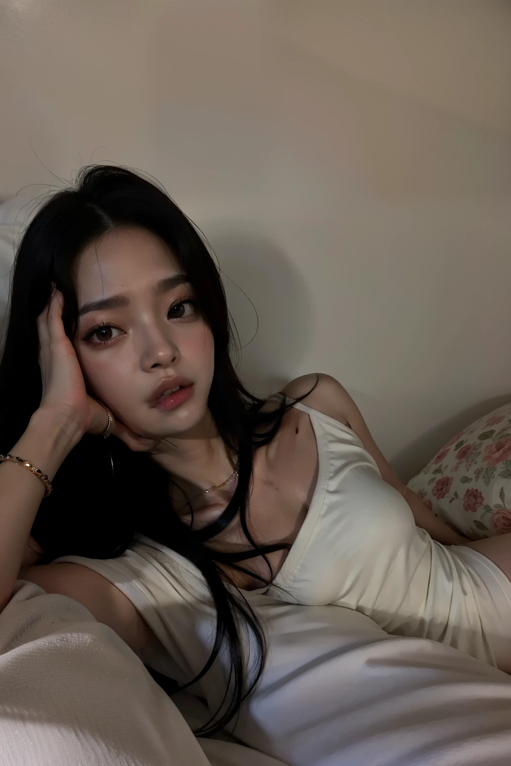 there is a woman laying in bed with a blanket on it, posing in bed, on my bed, on the bed, laying in bed, laying back on the bed, lying at the bed, lying in bed, while posing in the same bed, laying on a bed, sitting on her bed, posing in a bedroom, laying on her back on a bed, blackpink lisa, blackpink jennie