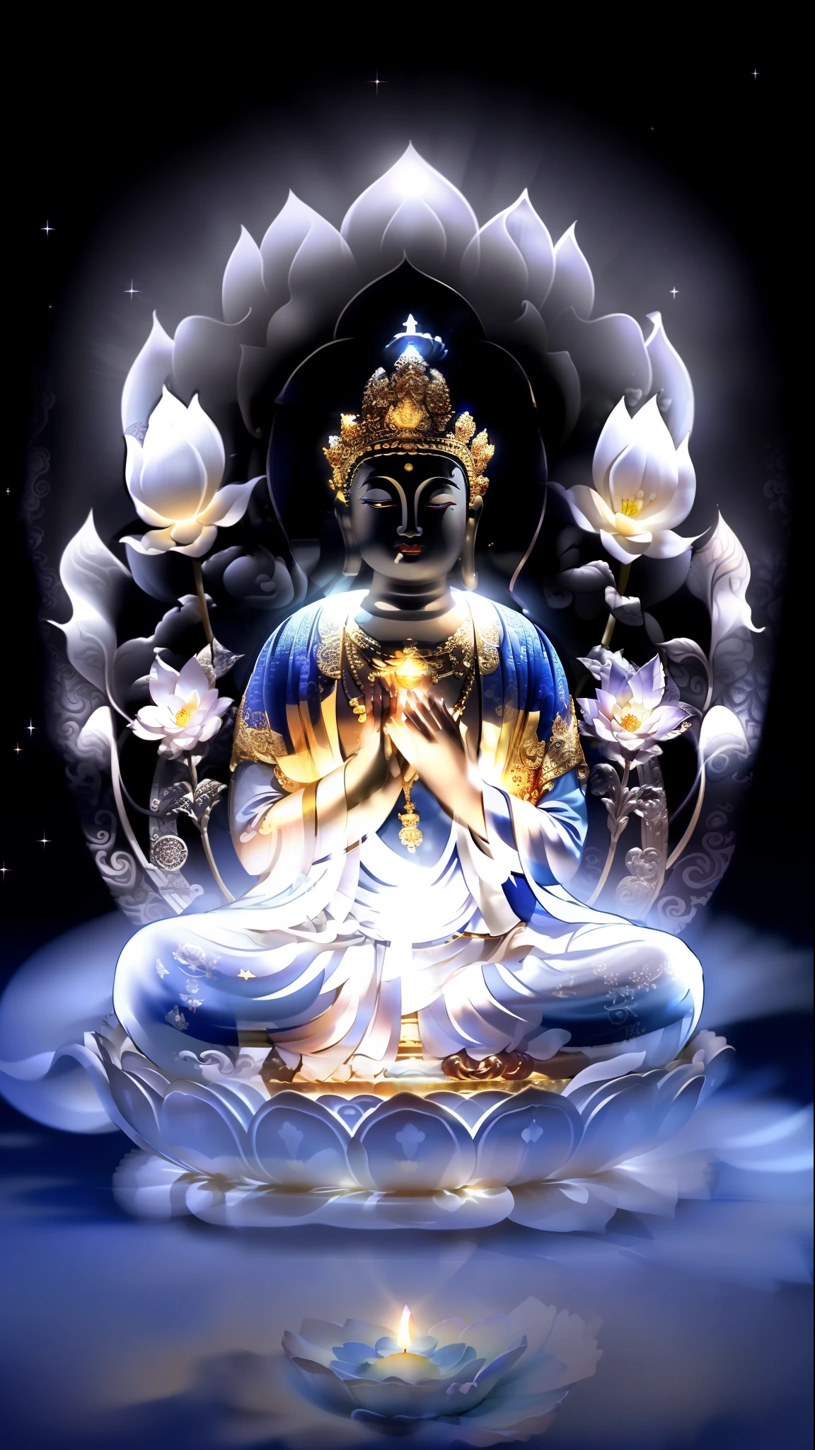 Buddha sitting in lotus position with lotus flowers and water, spiritual enlightenment, enlightenment. Complex, the Buddha, Buddha, Golden aura, Buddha教, The existence of God, reincarnation, Energy divergence and outflow, Buddha教徒, emits a blue aura, shine from within, glowing black aura, enlightenment, Shining divine aura, Mystical purity, on the path to enlightenment