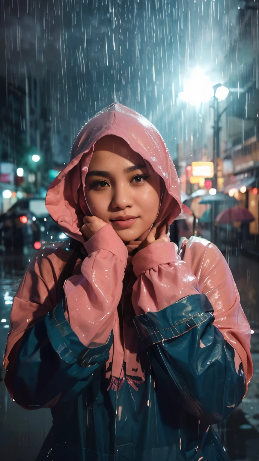 Create a high definition picture of beautiful malaysian chubby girl scane rain with wet pink hijab in crystal rain style art, take aesthetic photos, twirling in the night