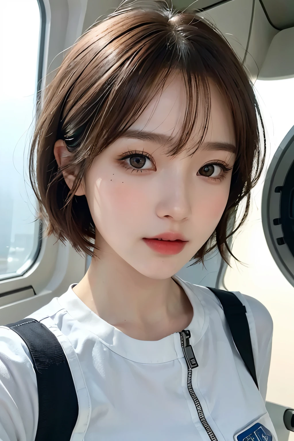 highest quality、masterpiece、ultra high resolution、(real:1.4)、Beautiful woman１、Beautiful details of eyes and skin、light brown short cut hair、The perfect spacesuit、spaceship、