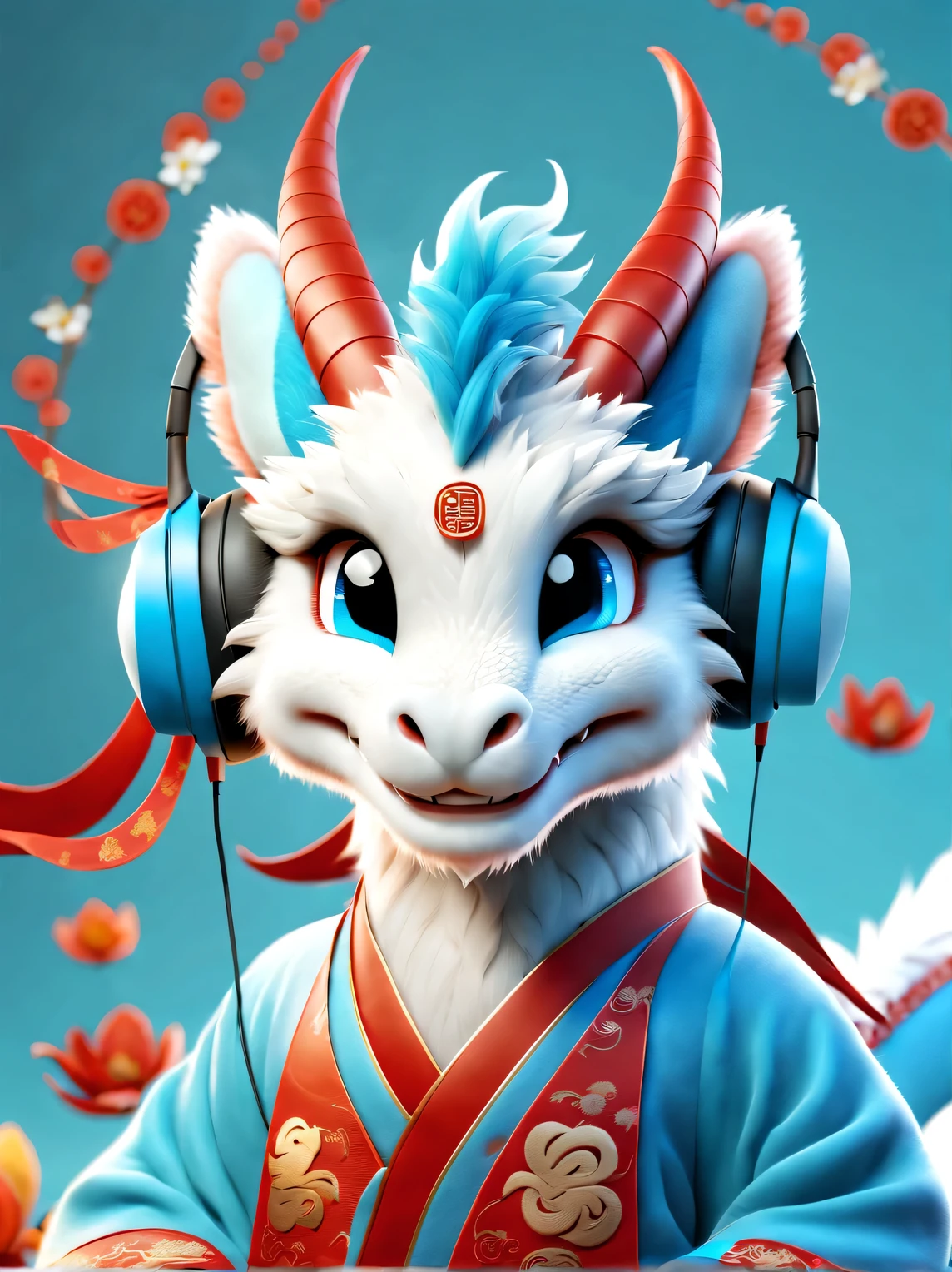 3d rendering, realistic fur, (red wallpaper), Simple modern style, beautiful wallpaper, magazine design style, portrait, half body portrait,
(A cute zodiac dragon,with an anthropomorphic avatar,Wearing big blue headphones,Smiling mischievously.) It tilted its head slightly, blue eyes, Wearing red Hanfu, orange fur, (Wearing earphones), (looking at camera), Traditional clothing combined with modern equipment, (background: fly in the sky, Many colorful music symbols: 0.65),
