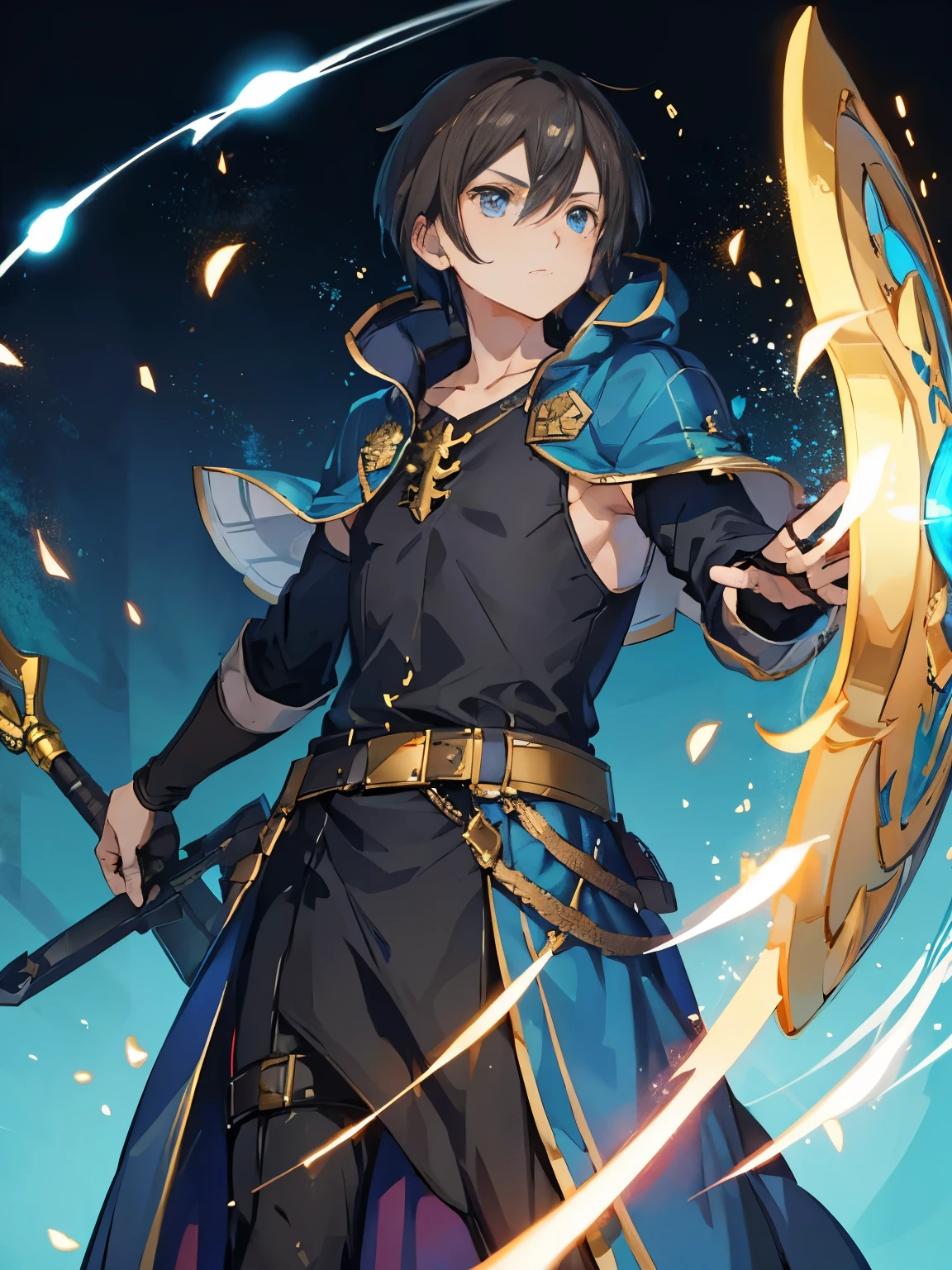 In a world of magic and dragons, A knight stands out in modern gilded armor. His brown hair is neatly combed, His blue eyes sparkled with determination. He holds a warhammer in one hand，The other hand holds a shield, Be ready to face any challenge. his cloak, Trimmed with gold, Adding a touch of elegance to his otherwise battle-ready appearance.