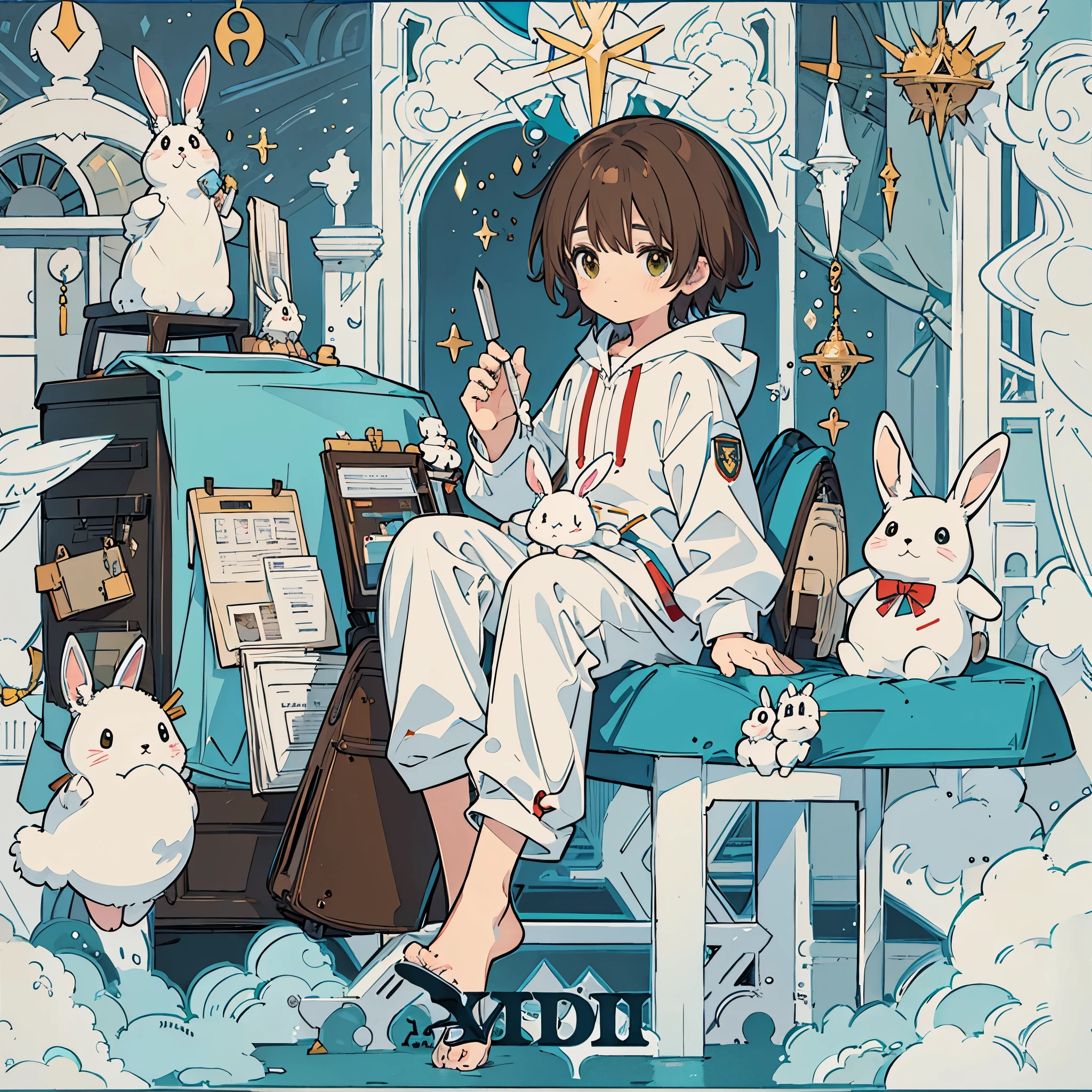A  brown-haired boy wearing white pajamas is holding tools and building a cute robot.
The stuffed rabbits are watching. A 's room with a lot of things.