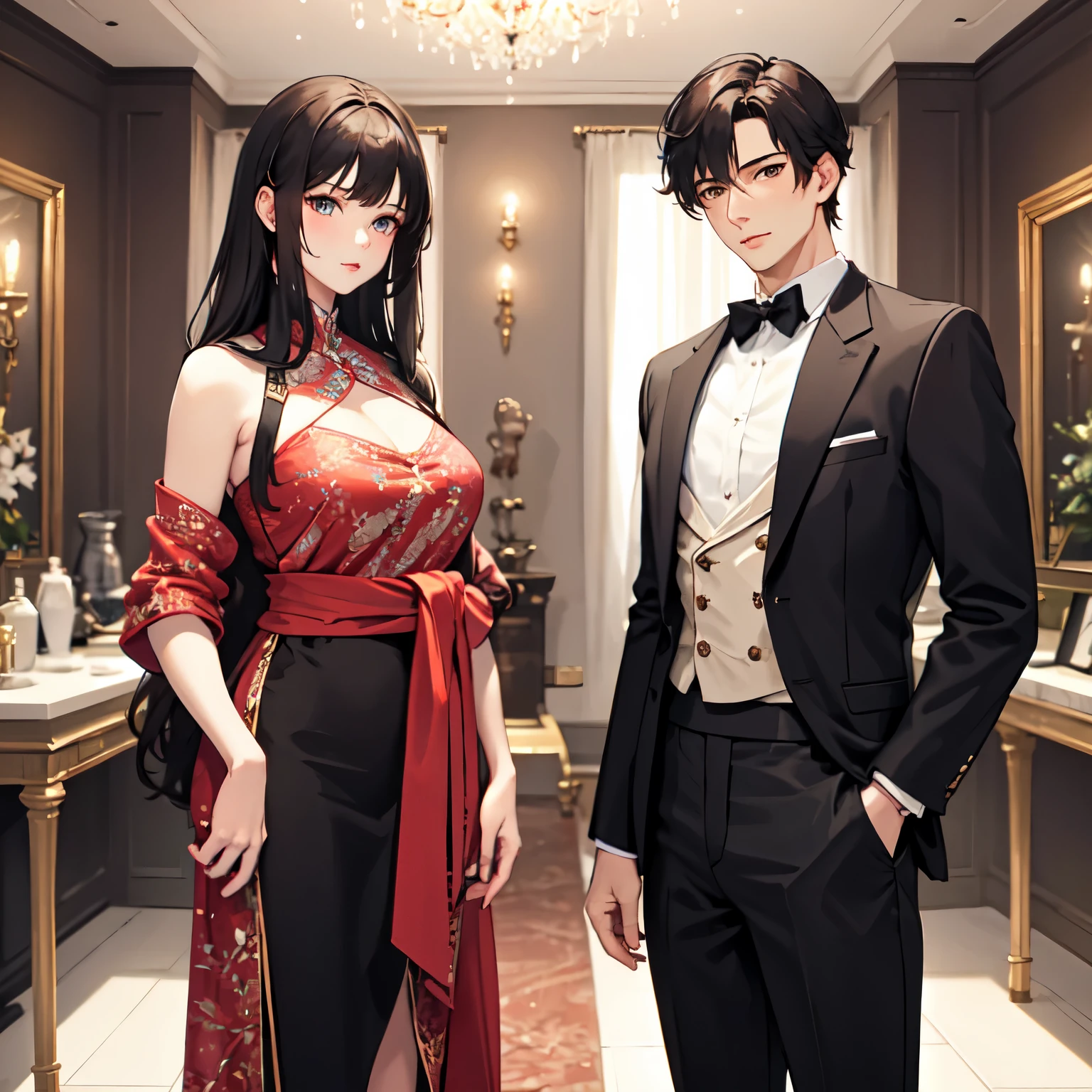 ((best quality)), ((masterpiece)), (detailed), perfect face，（One man and one woman：1.5），Male handsome，Female sexy，Standing