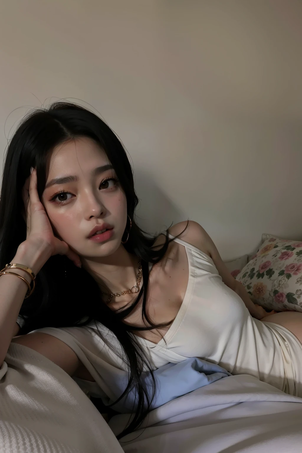 there is a woman laying in bed with a blanket on it, posing in bed, on my bed, on the bed, laying in bed, laying back on the bed, lying at the bed, lying in bed, while posing in the same bed, laying on a bed, sitting on her bed, posing in a bedroom, laying on her back on a bed, blackpink lisa, blackpink jennie