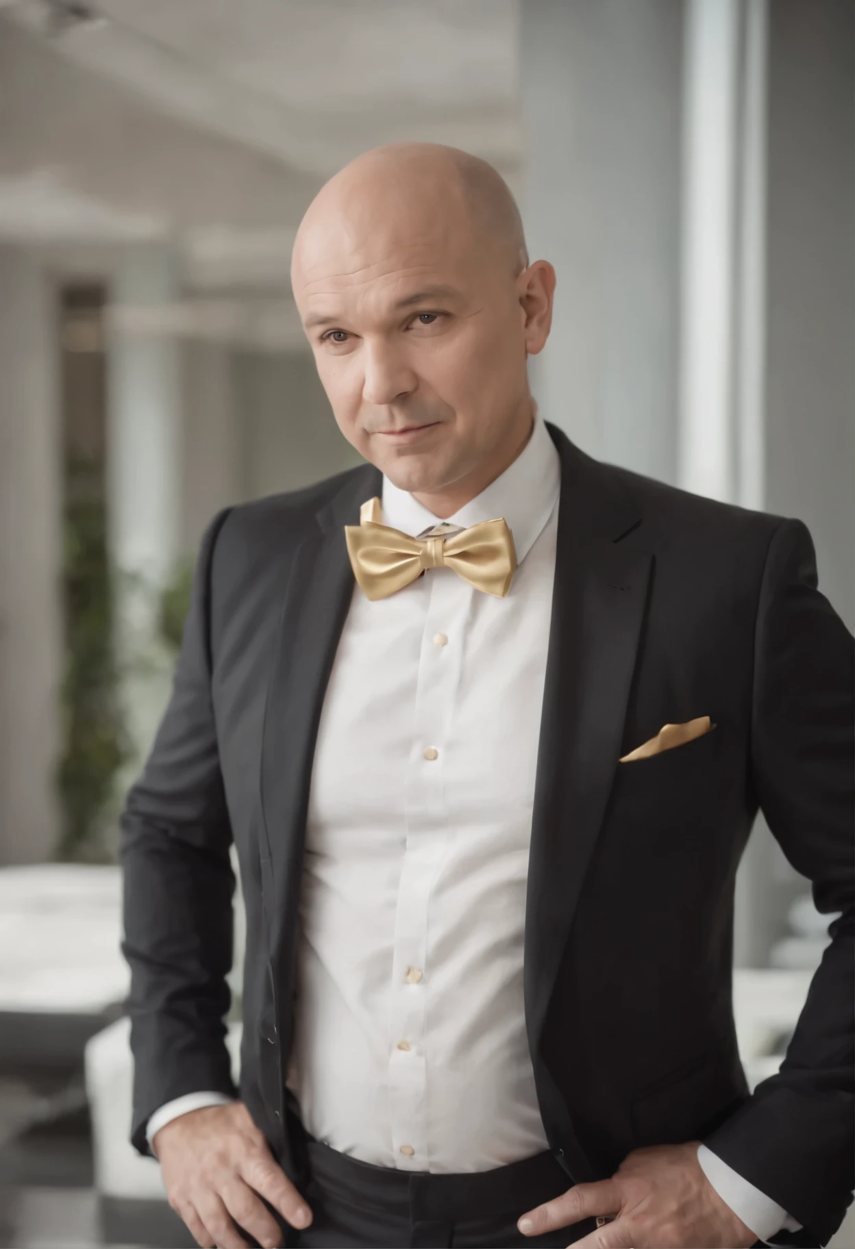 BALD FAT BODIES MIDDLE-AGED BUSINESSMAN IN BLACK VERSACCI SUIT WITH GOLDEN BOWTIE, MODERN OFFICE BACKGROUND