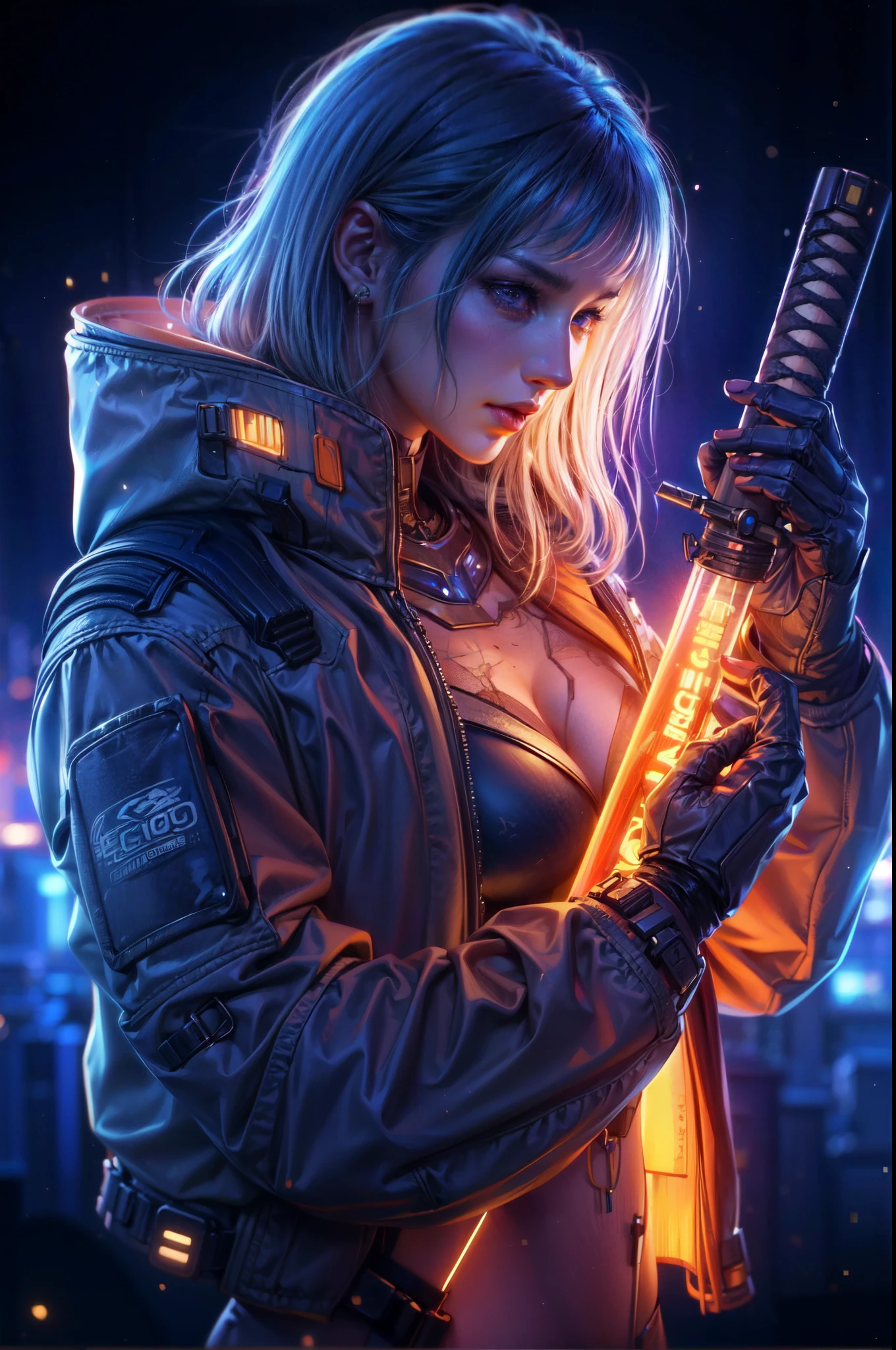 a woman wearing anime costume and holding a sword, in the style of cyberpunk imagery, distinctive noses, romanticized realism, animated gifs, realistic still lifes with dramatic lighting, neon realism, mechanical realism