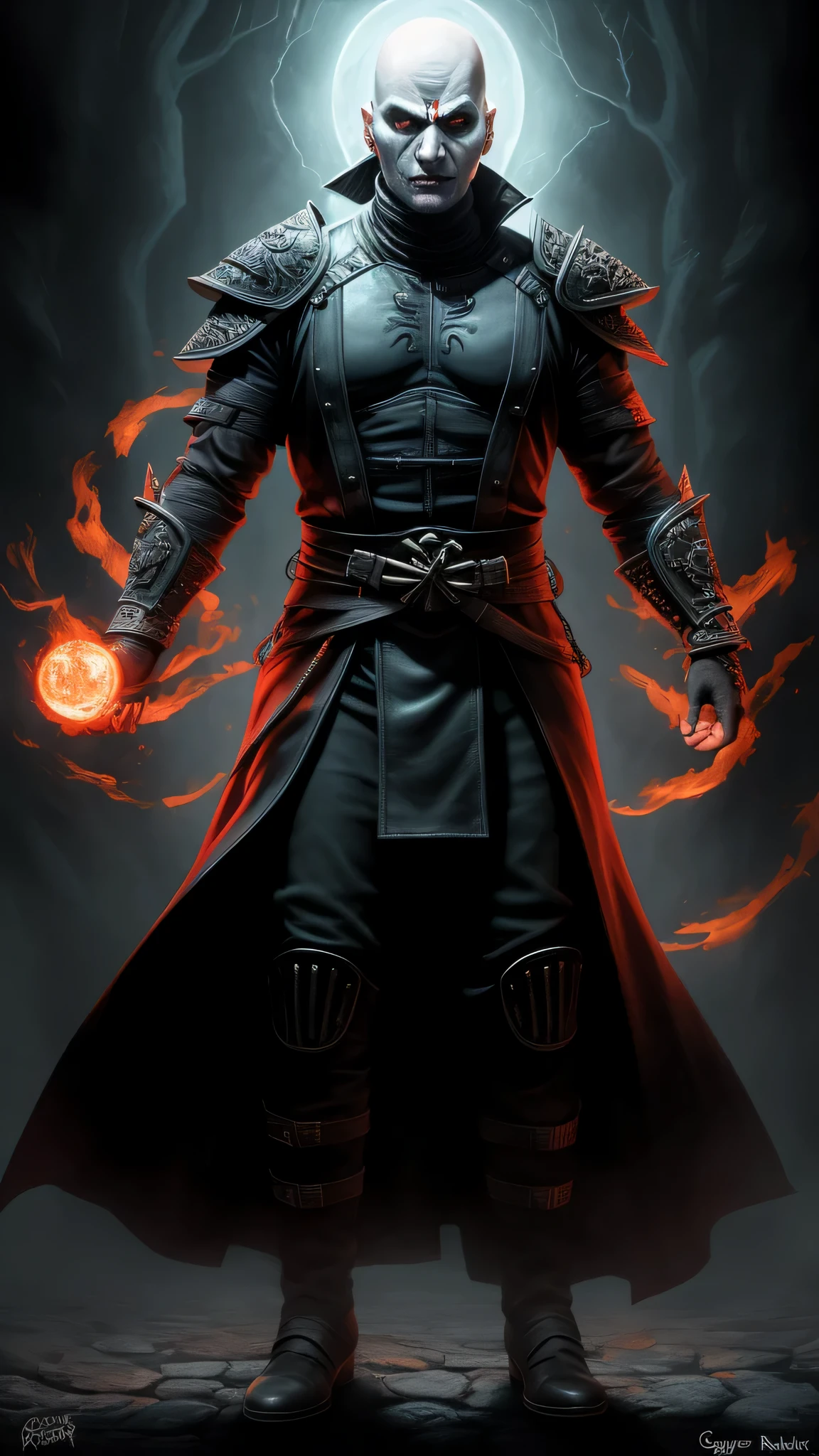 ((Mads Mikkelsen)) as Quan Chi from Mortal Kombat, solo, sorcerer and necromancer, bald head, pale skin, glowing red eyes, wears dark necromancer armor adorned with occult symbols, dark magic, highly detailed face, full body view, intricate, high detail, sharp focus, dramatic, photorealistic painting art by greg rutkowski