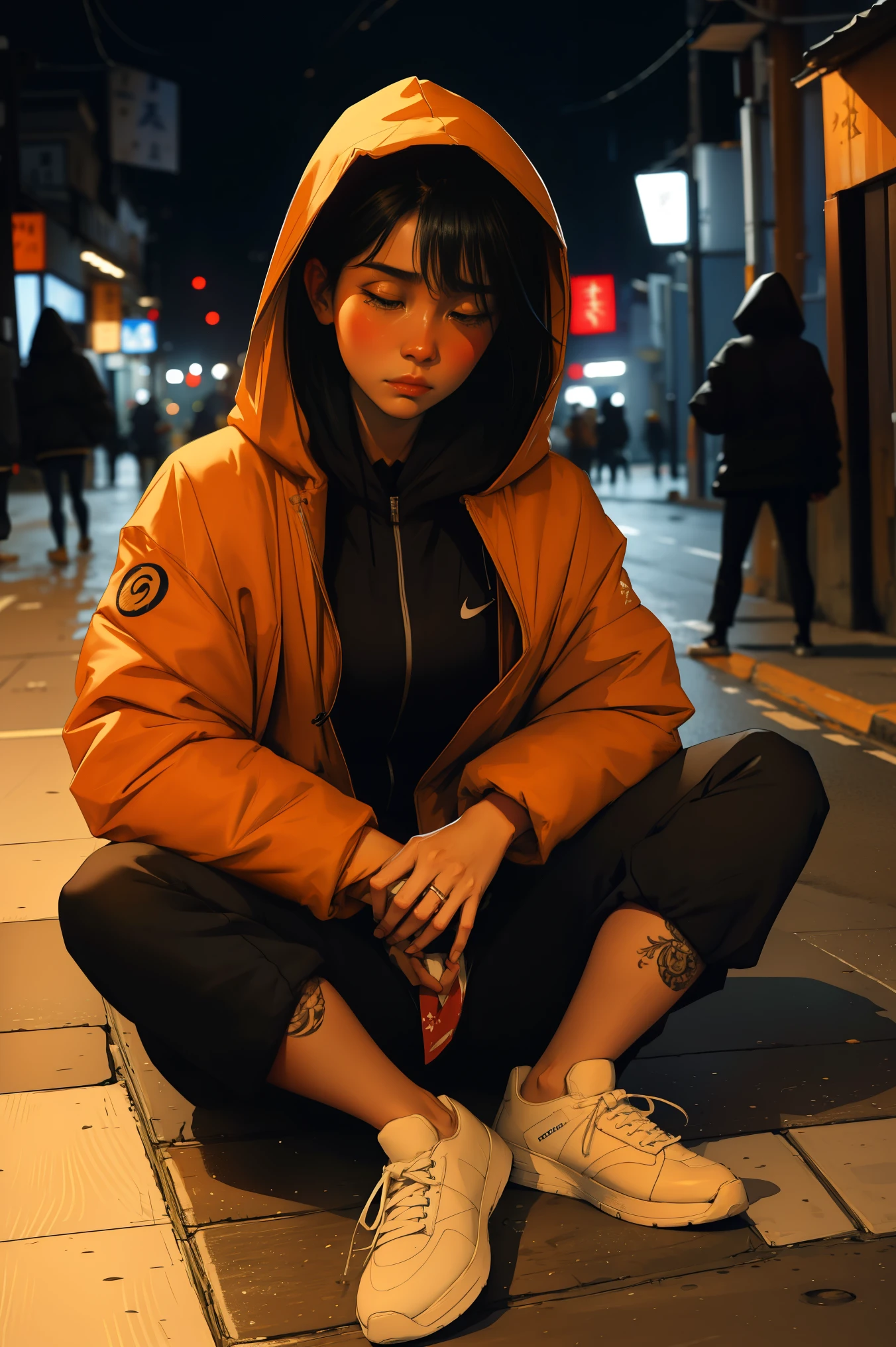 duas Mulheres japonesas com tatuagens yakuza usando uma regata, military pants and a hood with a torn hood, sitting on a sidewalk on the street during a storm at night and crying with an expression of sadness