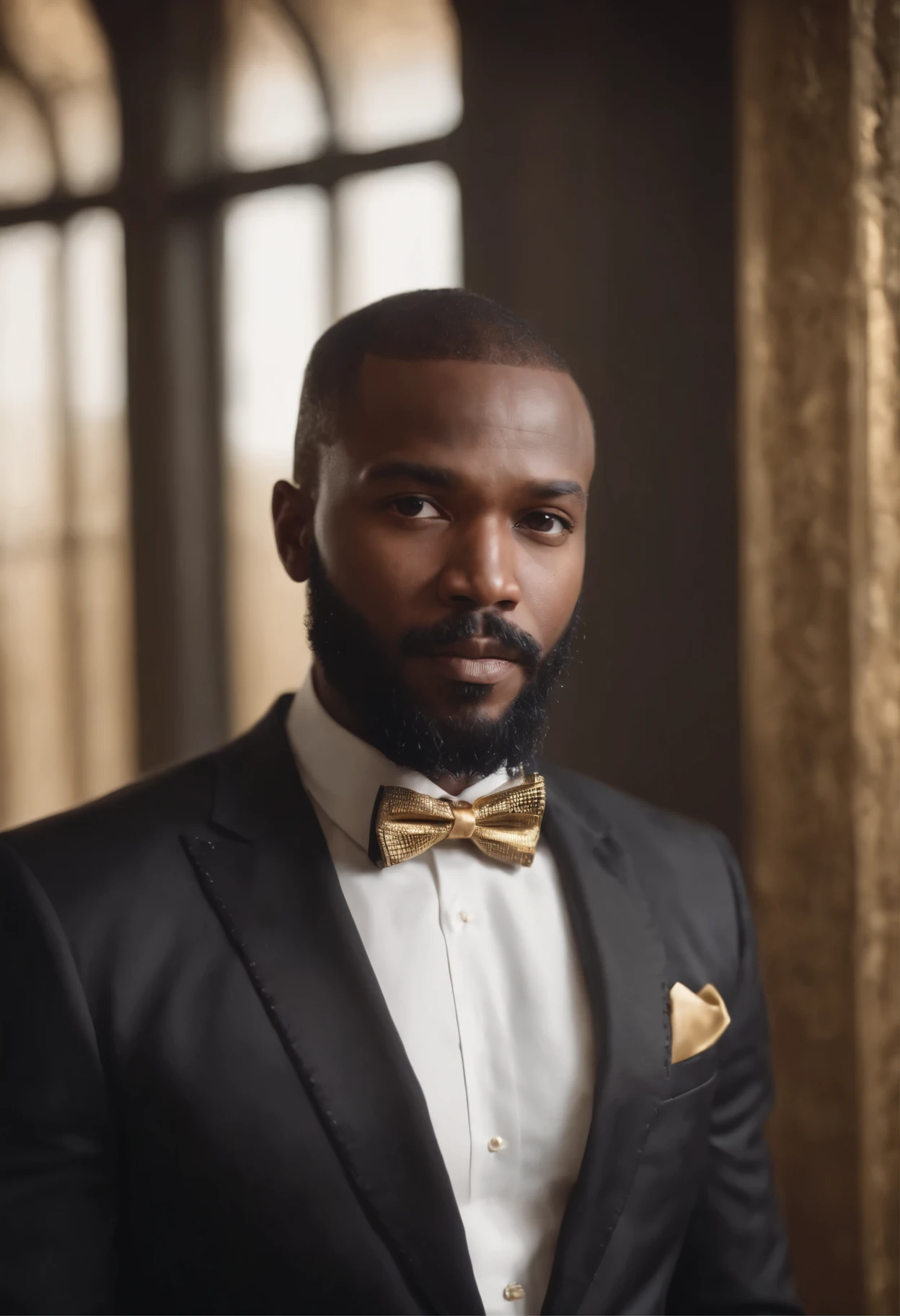 AFRICAN MAN WITH DARK BLACK BEARD, STRONG FULL-BODIES BOLD AGED BUSINESSMAN IN DARK SILK BLACK VERSACCI SUIT WITH GOLDEN BOWTIE, MODERN OFFICE BACKGROUND