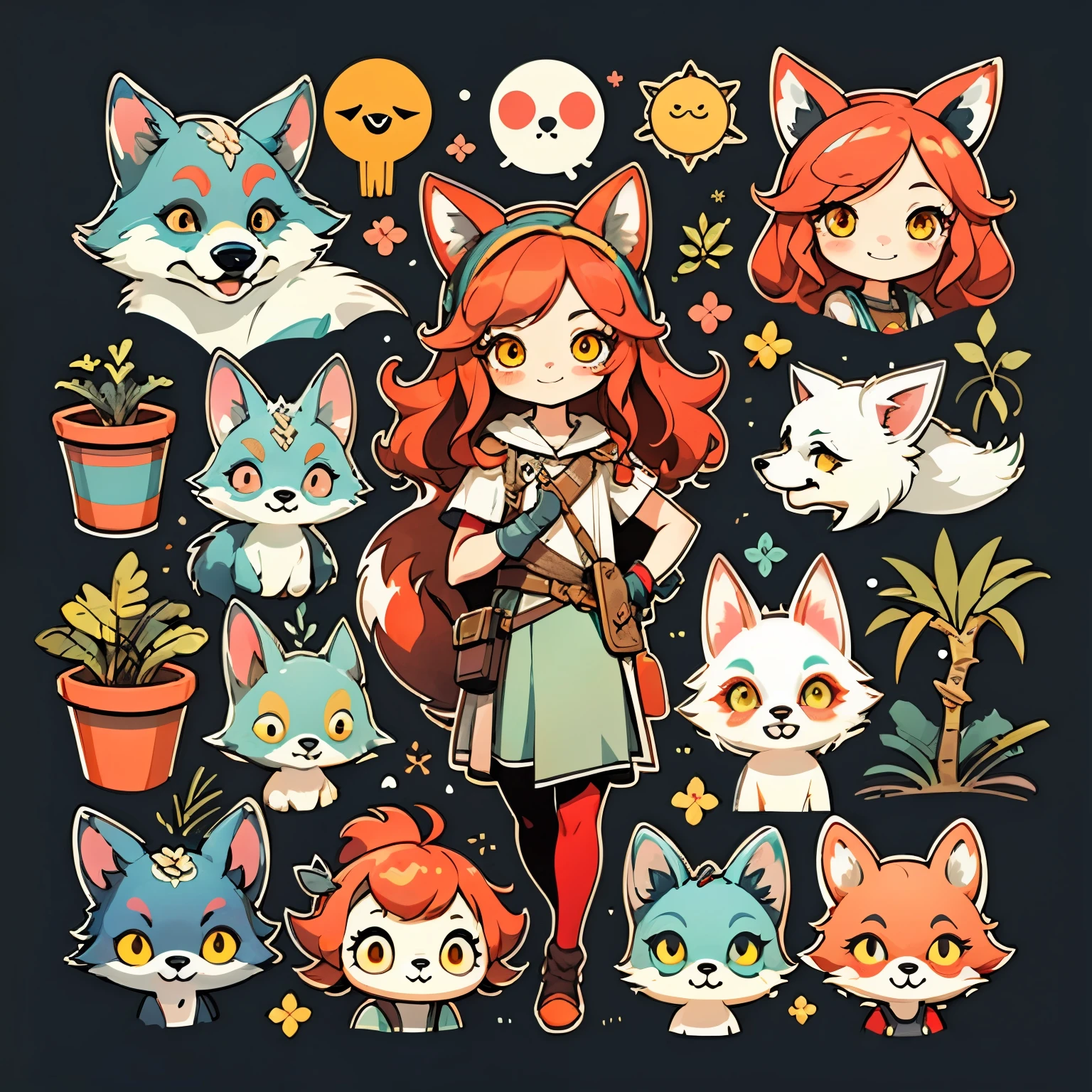 1 sticker, handbook, ( Wolf Girl, model, smile, fantasy clothing plant twigs, wolf ears on the head, long red hair, yellow eyes, Cool & Cool), on a white background, simple background, minimal, Cute, tiny, pastel color, vector style, No gradient,