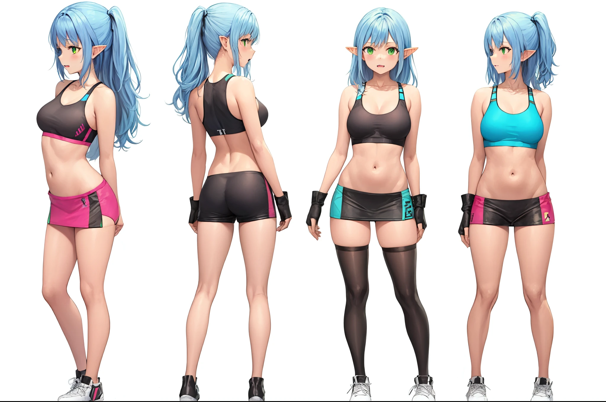 Elf woman, light skin, green eyes, long blue hair, fangs, medium breasts, long shapely legs, combat gloves, tight sports bra, mini skirt, high stockings, 8k, hd, masterpiece, white background, full body, character design sketch in various perspectives, rear, front, 3 /4, profile