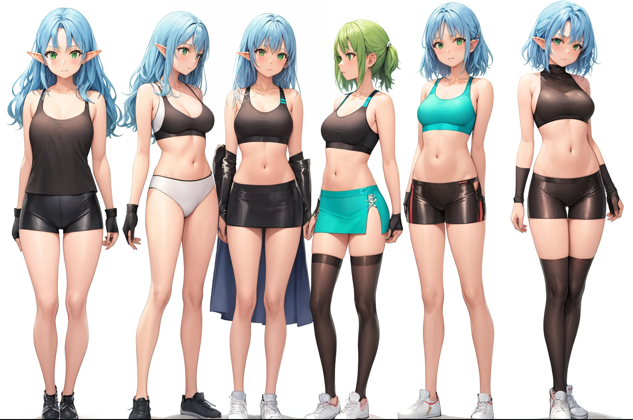 Elf woman, light skin, green eyes, long blue hair, fangs, medium breasts, long shapely legs, combat gloves, tight sports bra, mini skirt, high stockings, 8k, hd, masterpiece, white background, full body, character design sketch in various perspectives, rear, front, 3 /4, profile