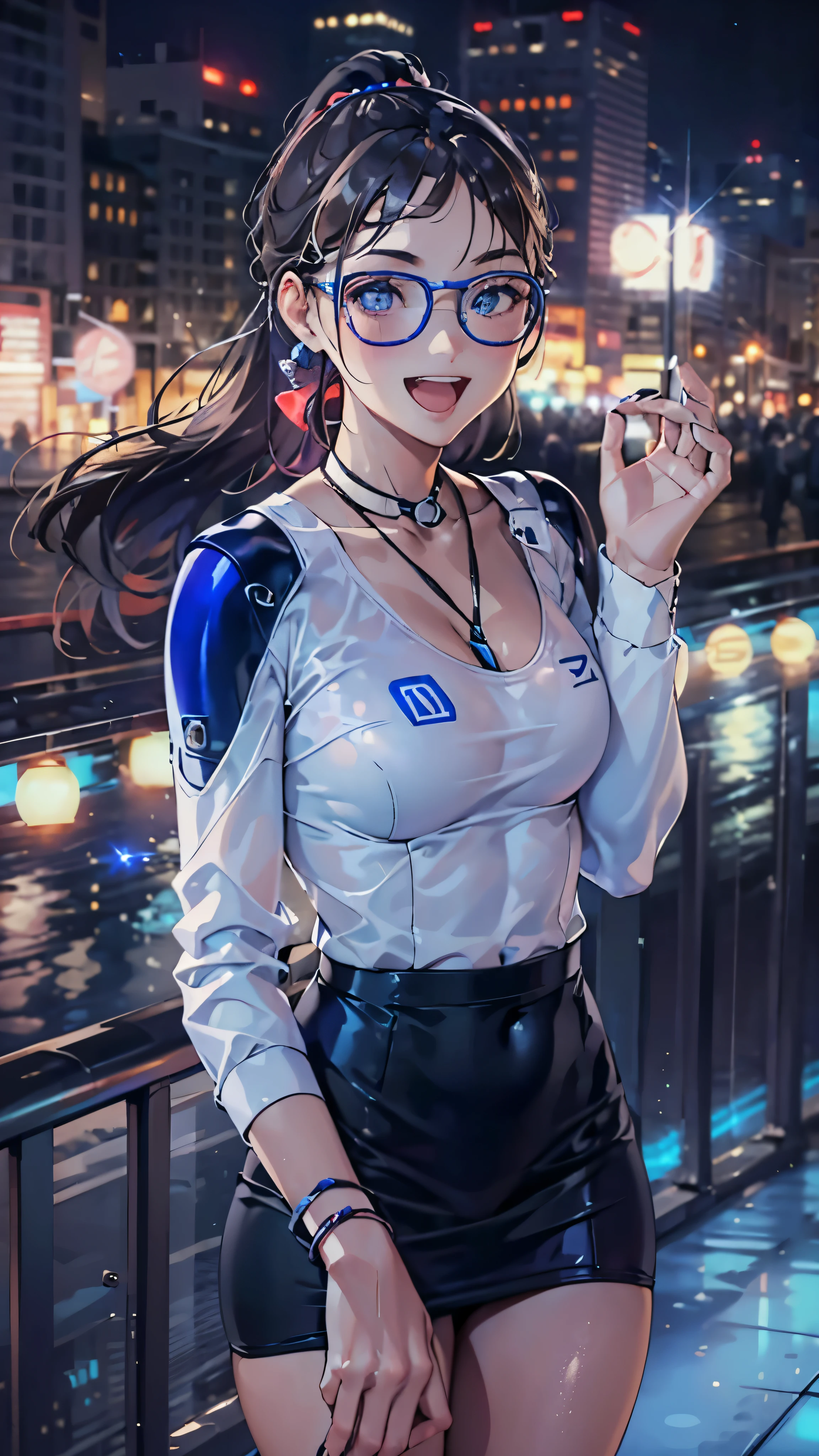 woman,,,city,night,(((white and blue tight miniskirt bodysuit))),,open mouth smile((See-through))Glasses,((Beautiful long ponytail)),((baby girl bohape))