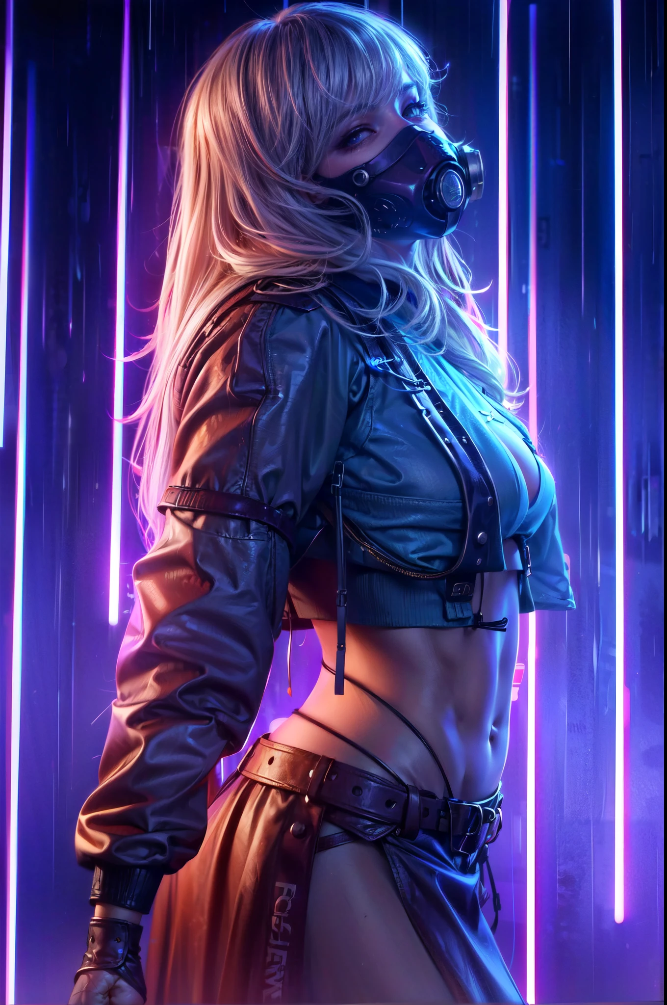 The character depicted in the artwork is a stylized, futuristic female warrior. She sports long, flowing platinum blonde hair that cascades around her shoulders and down her back, giving her a wild and unrestrained appearance. Her eyes are not visible, as they are obscured by a black mask covering the lower half of her face, which features a striking white graphic design, suggesting a sense of mystery and anonymity. She is clad in a modern, possibly futuristic outfit that consists of a black, cropped top with a high neck, exposing her midriff, and a matching skirt with belts and buckles that suggest a utilitarian purpose. The clothing appears to be made of a mix of fabrics and possibly light armor, fitting snugly to her form and accentuating her athletic build. On her arms, she bears tribal-style tattoos or markings, which add to her warrior aesthetic and may signify her identity or achievements. In her hand, she holds a sword with a detailed hilt, held in reverse grip, indicating readiness for combat. The character exudes confidence and strength, standing with a relaxed yet alert posture that implies she is both comfortable in her role and ready for any challenge. The backdrop is filled with neon purple hues and vertical light streaks, creating an atmosphere that feels both vibrant and slightly ominous. It suggests an urban environment, likely at night, where the artificial lights dominate the landscape. This setting, combined with her attire and demeanor, gives the character a cyberpunk vibe, blending elements of traditional warrior iconography with a distinctly modern, digital world aesthetic. The overall impression is that of a formidable, enigmatic figure who is not to be underestimated