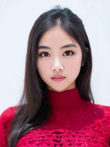 (masterpiece), (extremely intricate:1.3),, (realistic), inkekirei in (red sweater), Clear facial features, black hair, Happy, in front of white flat color background, the most beautiful in the world, full body, photo studios, professional photograph of a stunning woman detailed, detailed face, eyes to the camera, sharp focus, dramatic, award winning, cinematic lighting, octane render, realistic, volumetrics dtx, (film grain, bokeh, blurry foreground, blurry background),