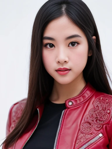 (masterpiece), (extremely intricate:1.3),, (realistic), inkekirei in (red leather jacket), Clear facial features, black hair, Happy, in front of white flat color background, the most beautiful in the world, full body, photo studios, professional photograph of a stunning woman detailed, detailed face, eyes to the camera, sharp focus, dramatic, award winning, cinematic lighting, octane render, realistic, volumetrics dtx, (film grain, bokeh, blurry foreground, blurry background),