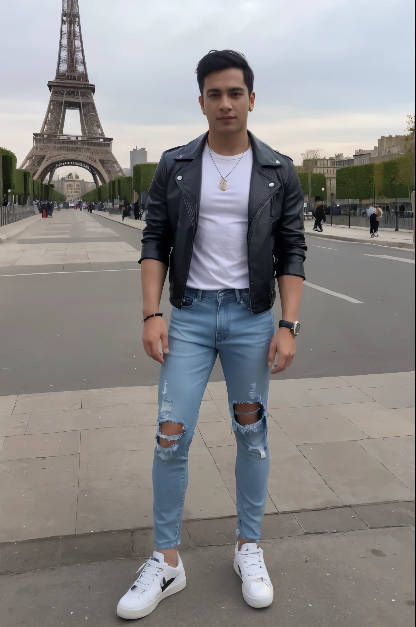 araffe man in a leather jacket and ripped jeans standing in front of the eiffel tower, in paris, leather jacket and denim jeans, inspired by Jean Malouel, an aviator jacket and jorts, full body picture, in front of the eiffel tower, full body full height, with eiffel view, ripped jeans, style of jordan grimmer, full body portrait shot