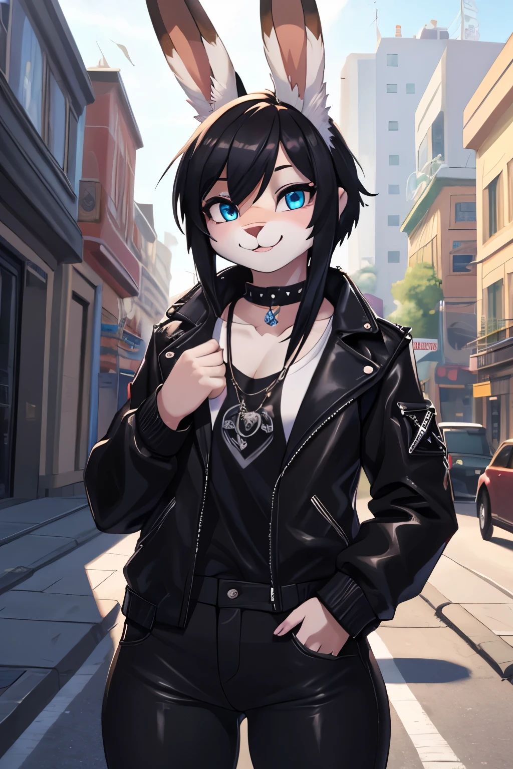 1girl, alone, masterpiece, young woman, furry, 2D, bunny, bunny ear, blue eyes, black hair, brown rabbit, bunny ear, corada, wearing black jacket, black pants, white shirt, punk style, smiling, in a street, looking atr viewer, 4k, masterpiece
