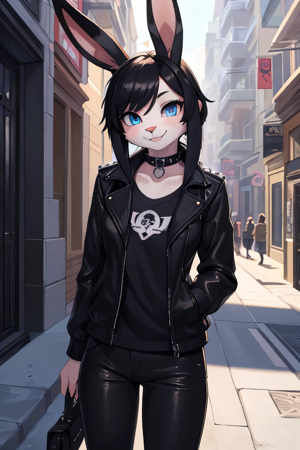 1girl, alone, masterpiece, young woman, furry, 2D, bunny, bunny ear, blue eyes, black hair, brown rabbit, bunny ear, corada, wearing black jacket, black pants, white shirt, punk style, smiling, in a street, looking atr viewer, 4k, masterpiece
