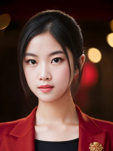 (masterpiece), (extremely intricate:1.3),, (realistic), inkekirei in Red ((red wool suit)), Clear facial features, black hair, Happy, in front of white flat color background, the most beautiful in the world, full body, photo studios, professional photograph of a stunning woman detailed, detailed face, eyes to the camera, sharp focus, dramatic, award winning, cinematic lighting, octane render, realistic, volumetrics dtx, (film grain, bokeh, blurry foreground, blurry background),