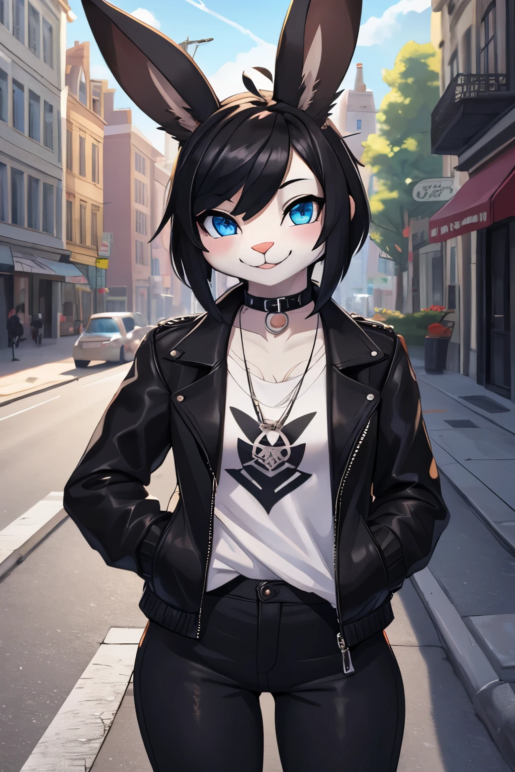 1girl, alone, masterpiece, young woman, furry, 2D, bunny, bunny ear, blue eyes, black hair, brown rabbit, bunny ear, corada, wearing black jacket, black pants, white shirt, punk style, smiling, in a street, looking atr viewer, 4k, masterpiece
