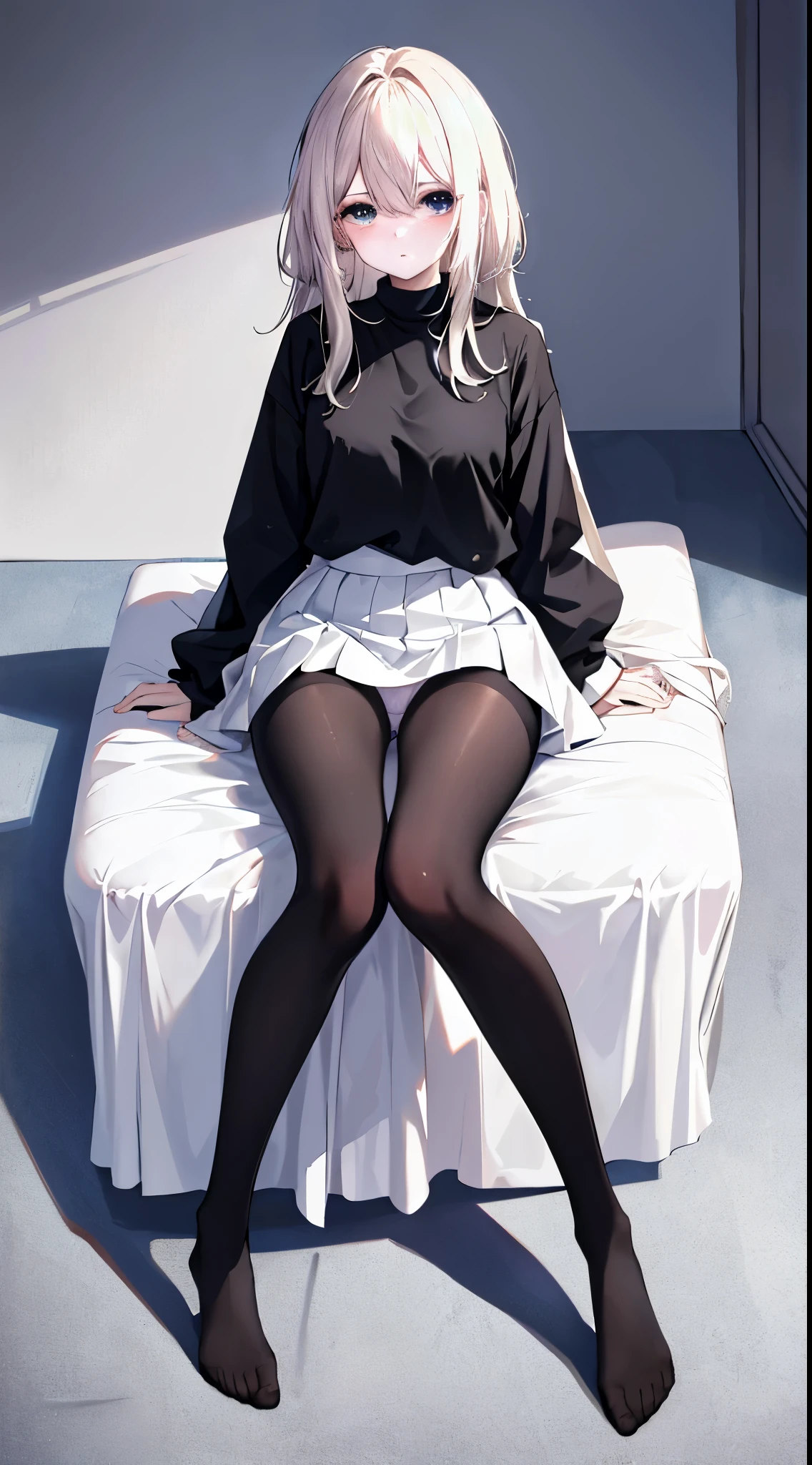 finest, masterpiece, High resolution, (Full body view from head to toe), front, frontやや下からの構図, Symmetrical, 18 year old tall girl, alone, (whole body from head to toe), (small breasts), messy hair, bangs, (black tights), (black pantyhose), (sitting with legs spread apart), (squating pose), (composition showing white panties), (Her legs are spread open and her white panties are visible.), made to sit on the floor with legs spread, (M-shaped legs), Slender legs, A very beautiful and tall 18 year old girl, (not wearing shoes), blush, shy big eyes, looking at camera