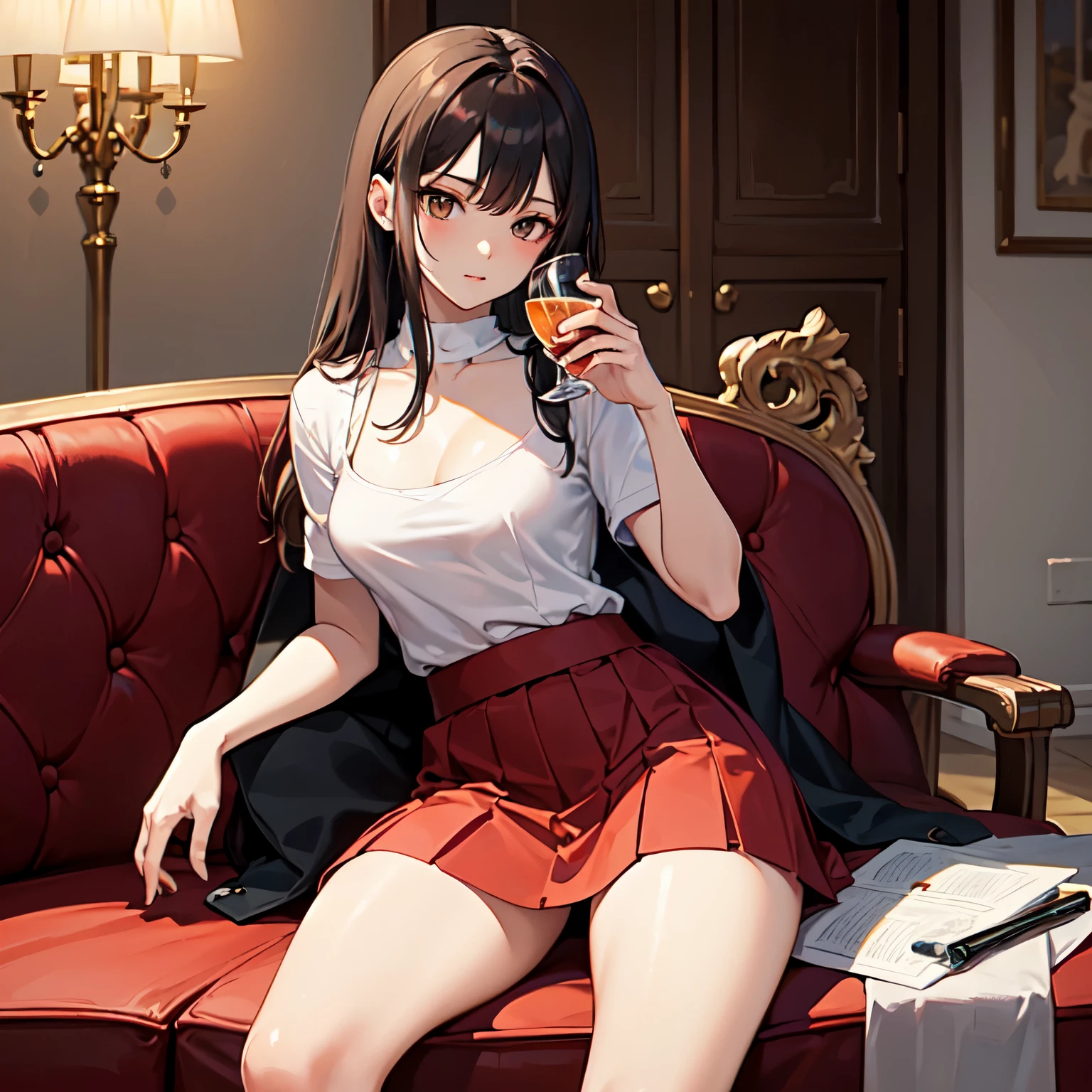((best quality)), ((masterpiece)), (detailed), perfect face, (masterpiece:1.2), (best quality:1.2), perfect eyes, perfect face, (1 girl:1.5), alone, brown eyes, (medium breasts), Straight breasts, seductive look, Red sexy hip skirt, (Sitting on the sofa in the room drinking water:1.5),